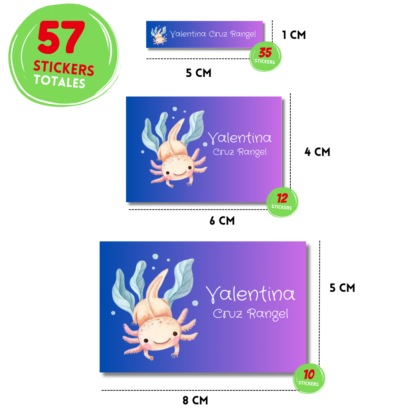 Ajolote nadando stickers adhesivas personalizadas para libros, libretas, cuadernos