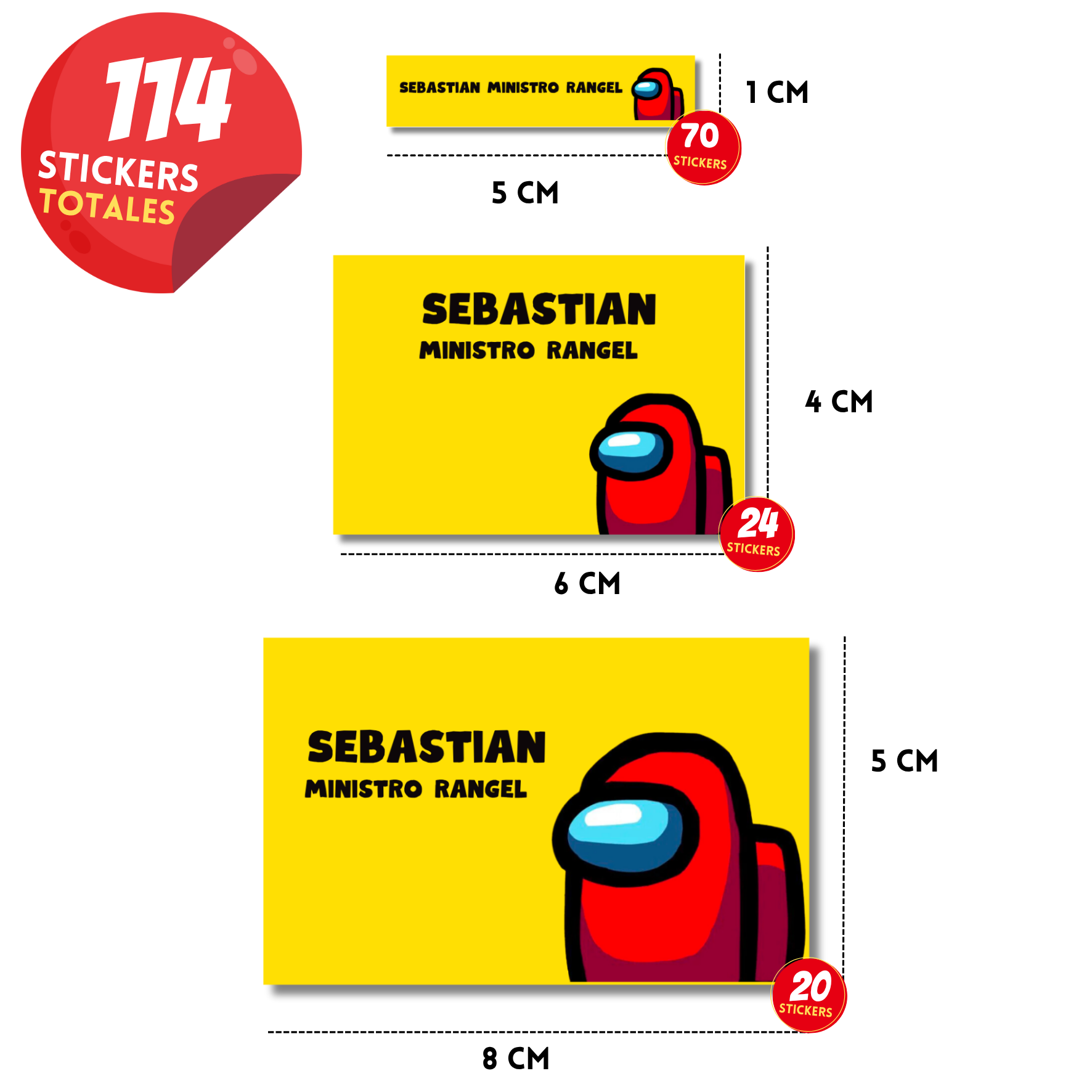 Among us rojo etiquetas adhesivas personalizadas diferentes medidas