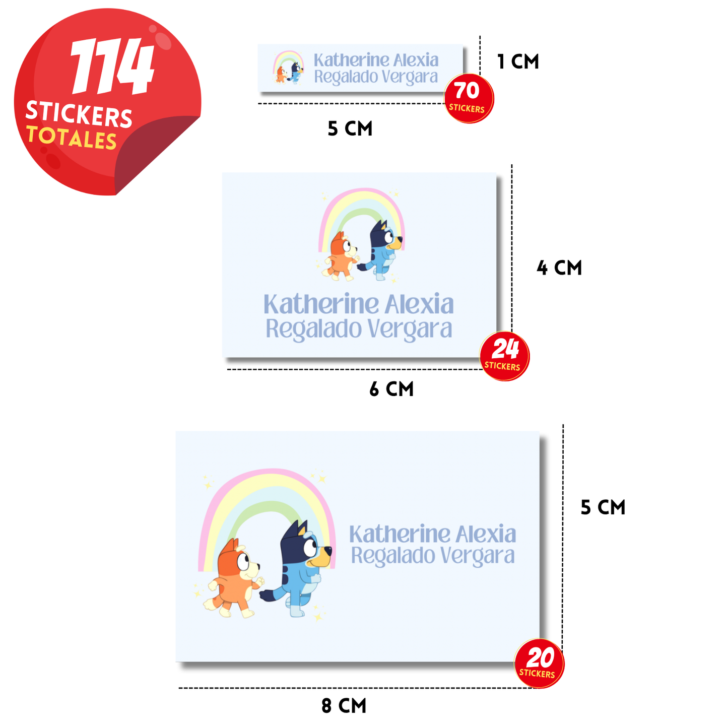 Bluey y bingo arcoíris Etiquetas Escolares Personalizadas Libretas, Libros y Lápices