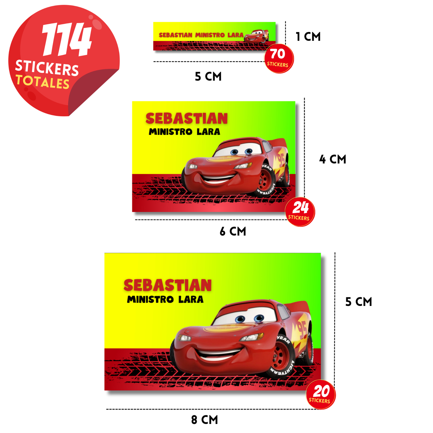 114 Cars Rayo McQueen fondo verde etiquetas adhesivas personalizadas diferentes medidas