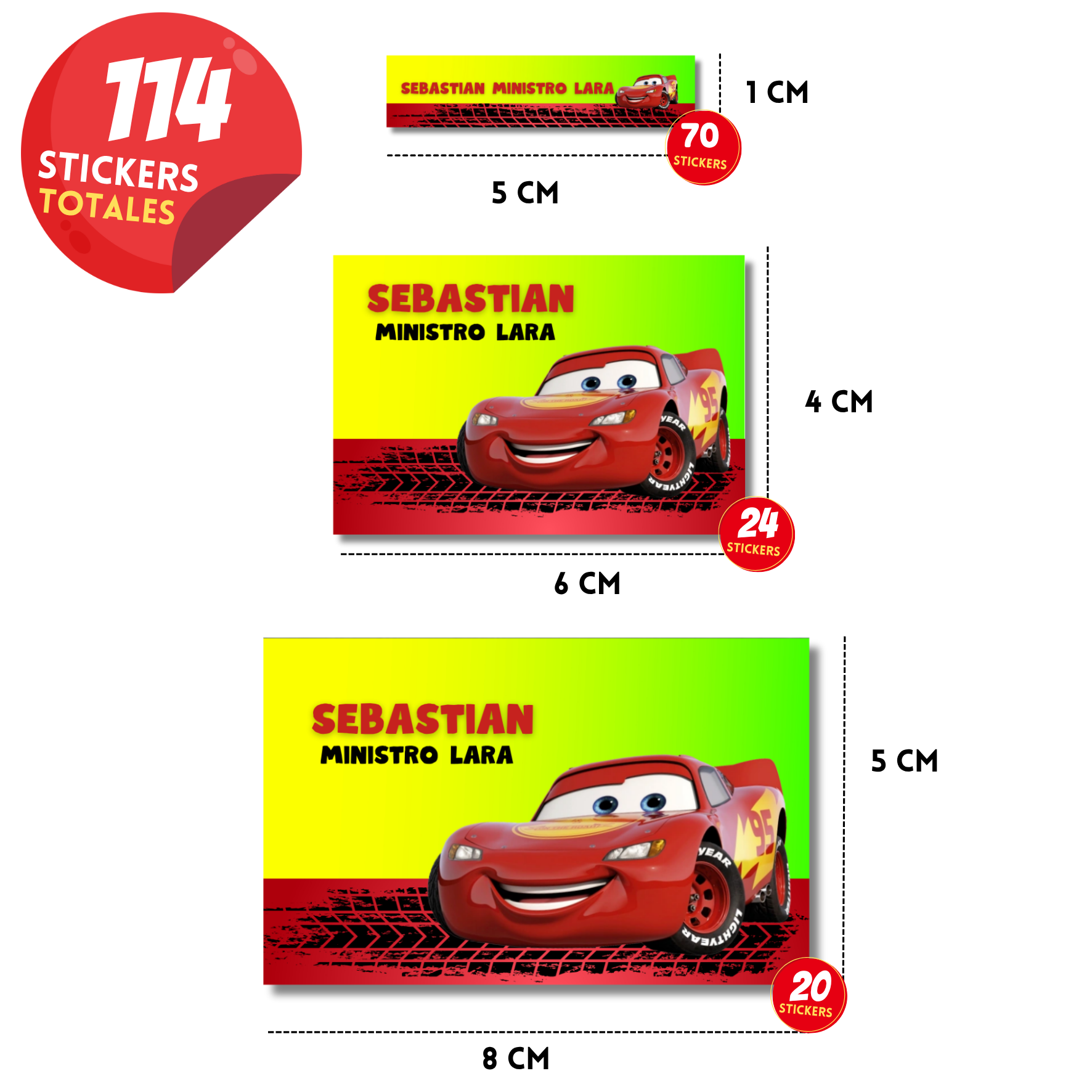 114 Cars Rayo McQueen fondo verde etiquetas adhesivas personalizadas diferentes medidas