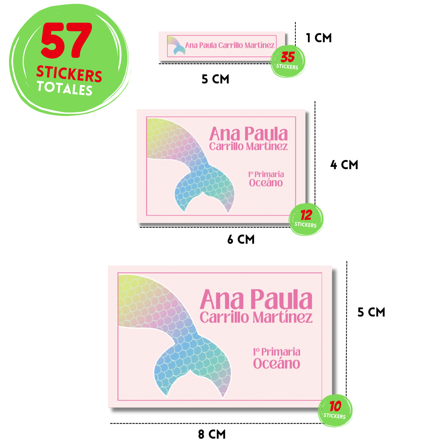 Cola de Sirena Etiquetas Escolares Personalizadas Libretas, Libros y Lápices