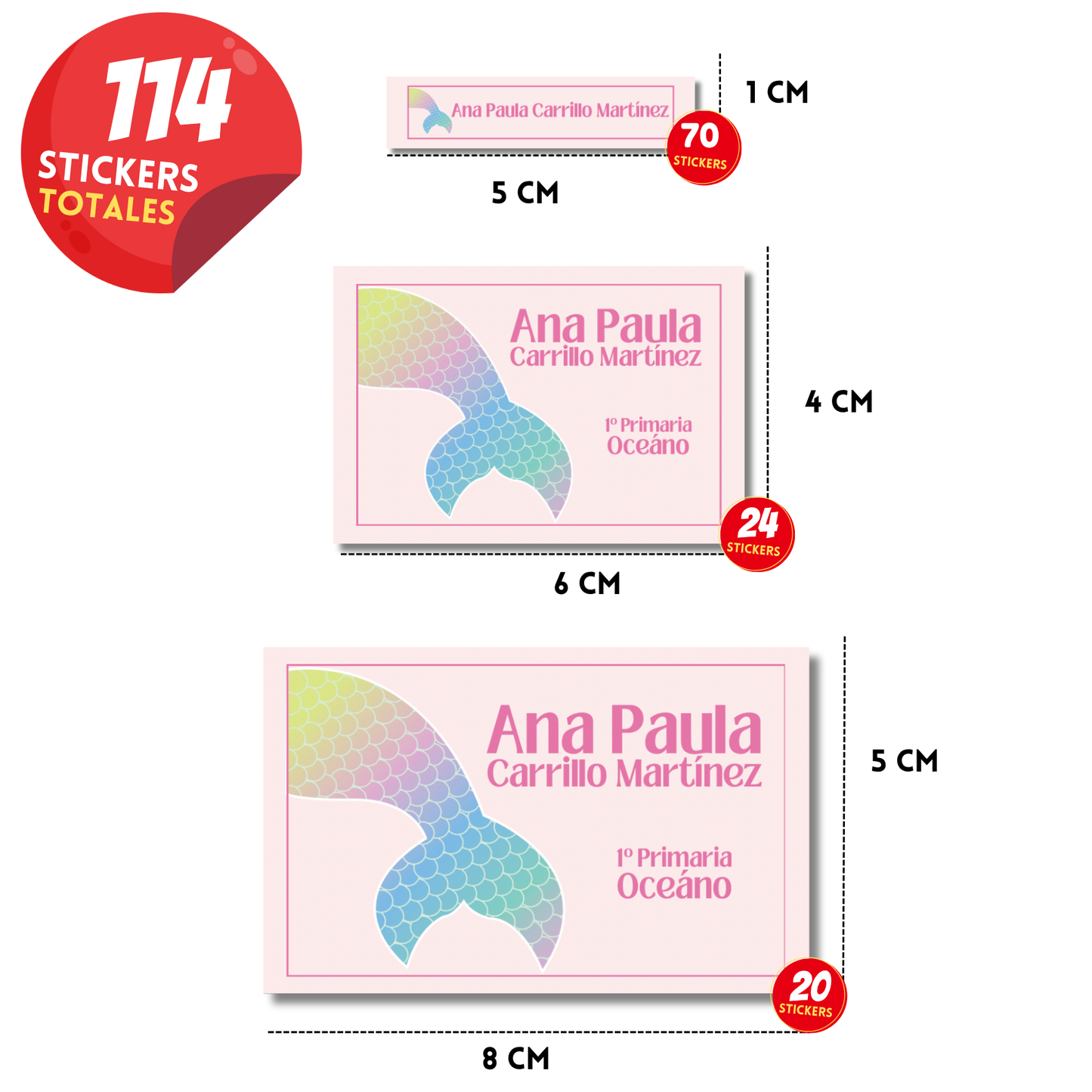 Cola de Sirena Etiquetas Escolares Personalizadas Libretas, Libros y Lápices