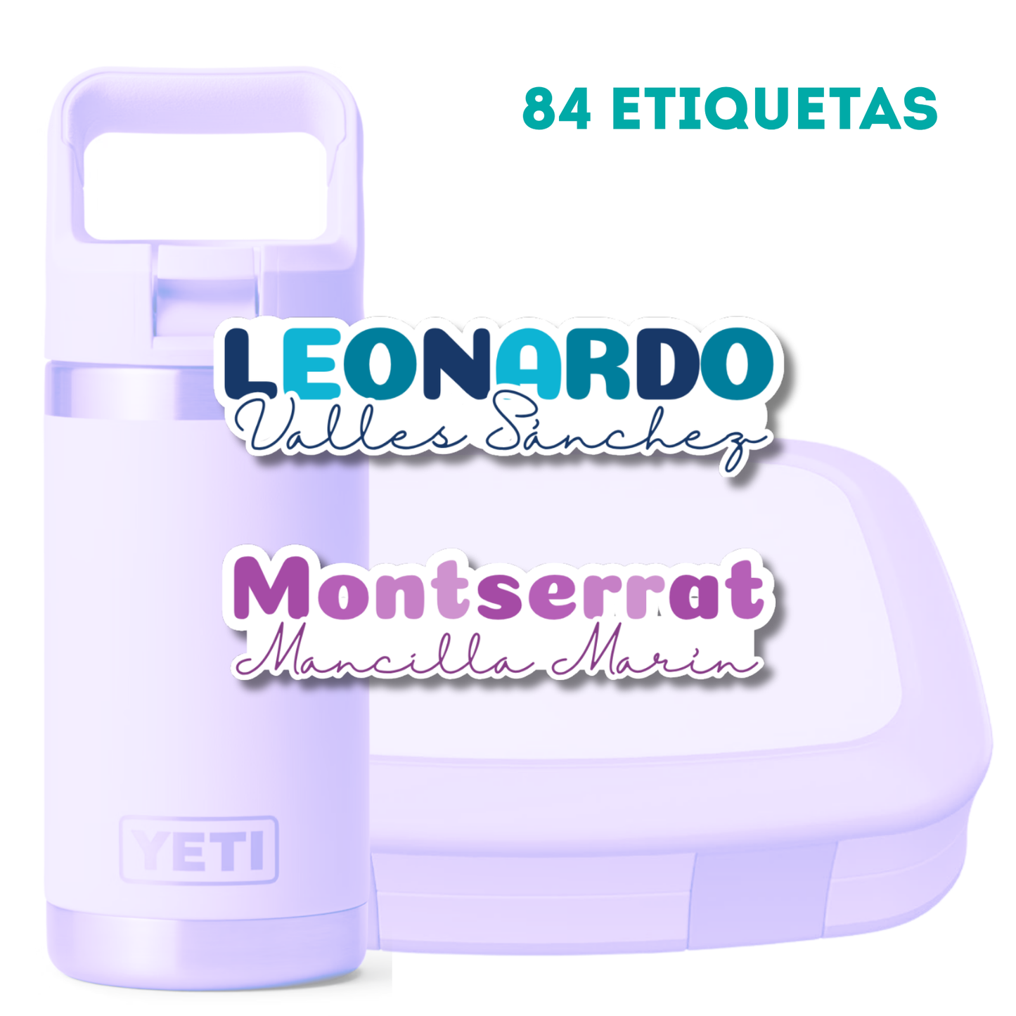 Silueta Nombre y Apellido, Etiquetas Lavables, Resistentes al Agua, Personalizadas para Tuppers y Termos