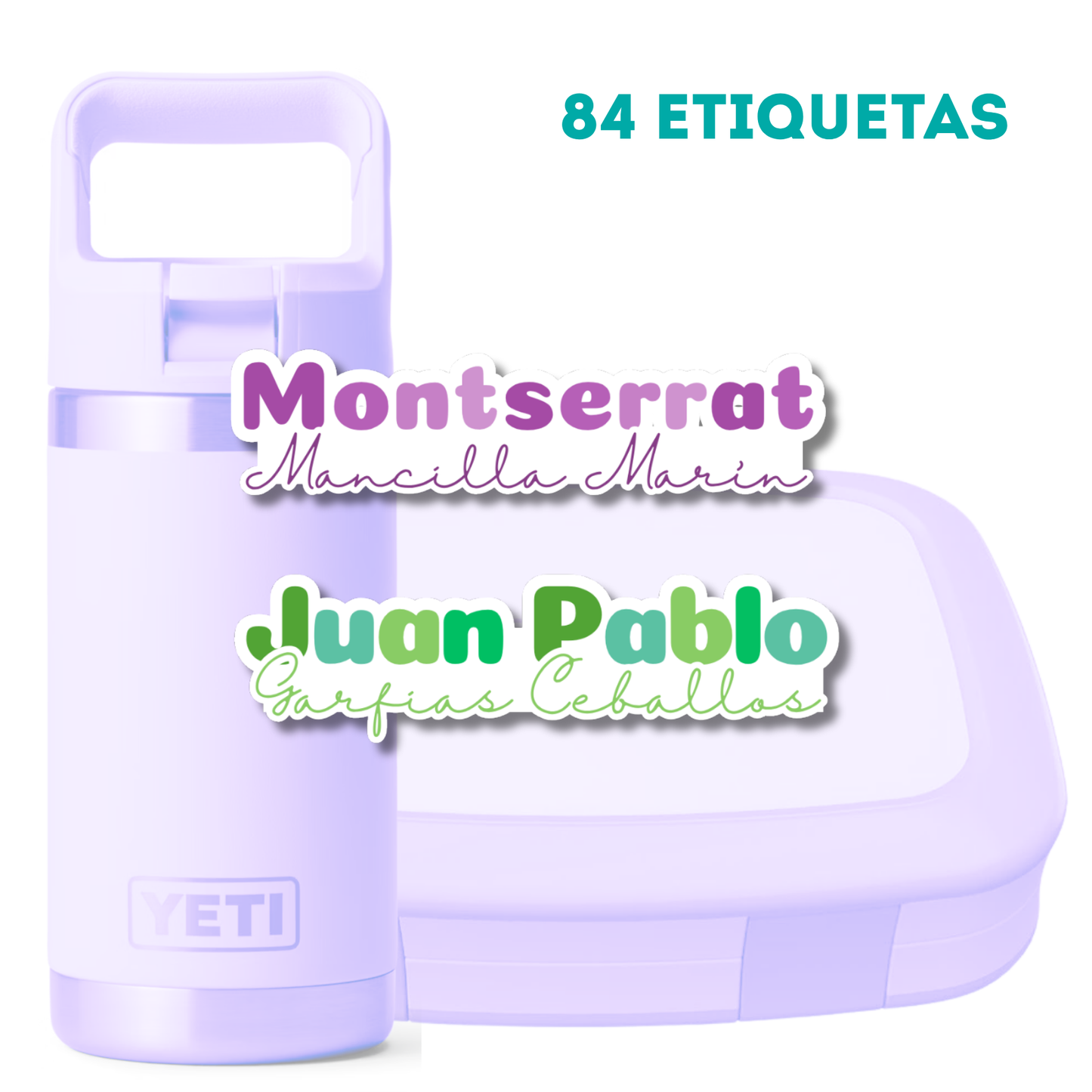 Silueta Nombre y Apellido, Etiquetas Lavables, Resistentes al Agua, Personalizadas para Tuppers y Termos