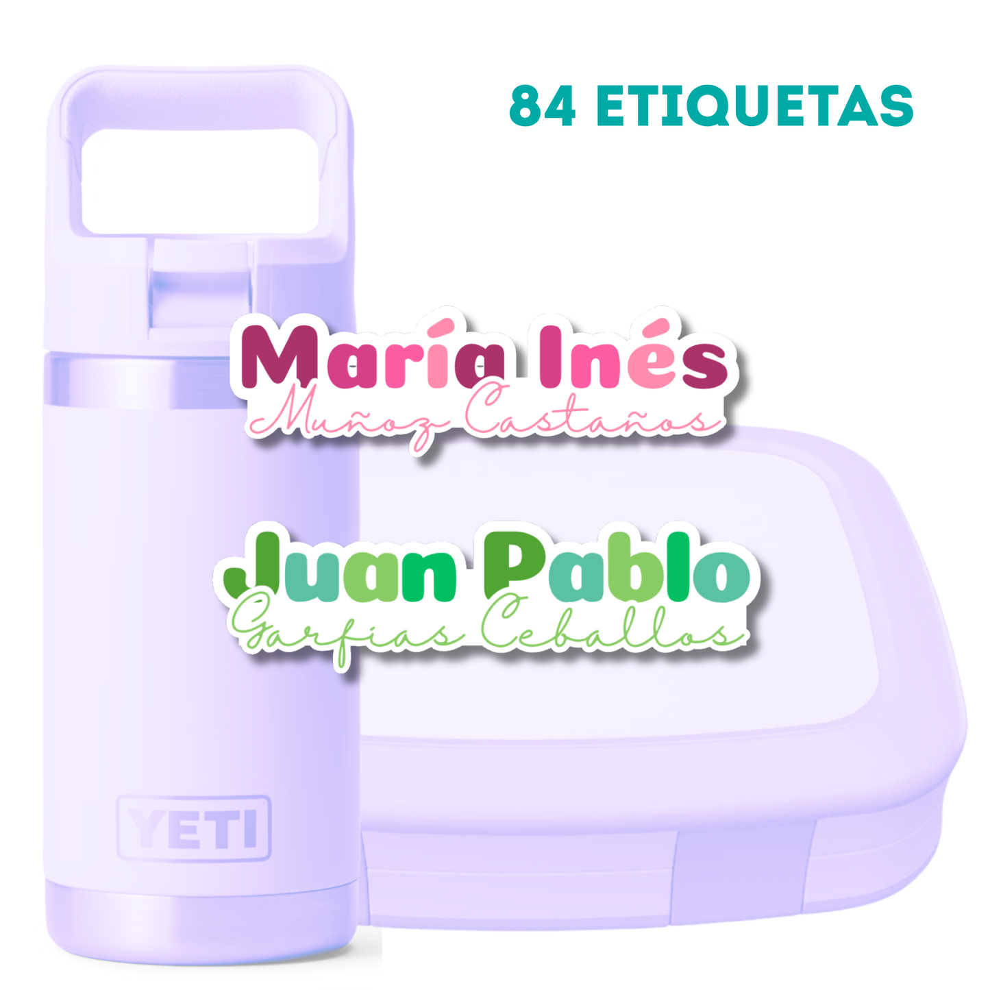 Silueta Nombre y Apellido, Etiquetas Lavables, Resistentes al Agua, Personalizadas para Tuppers y Termos