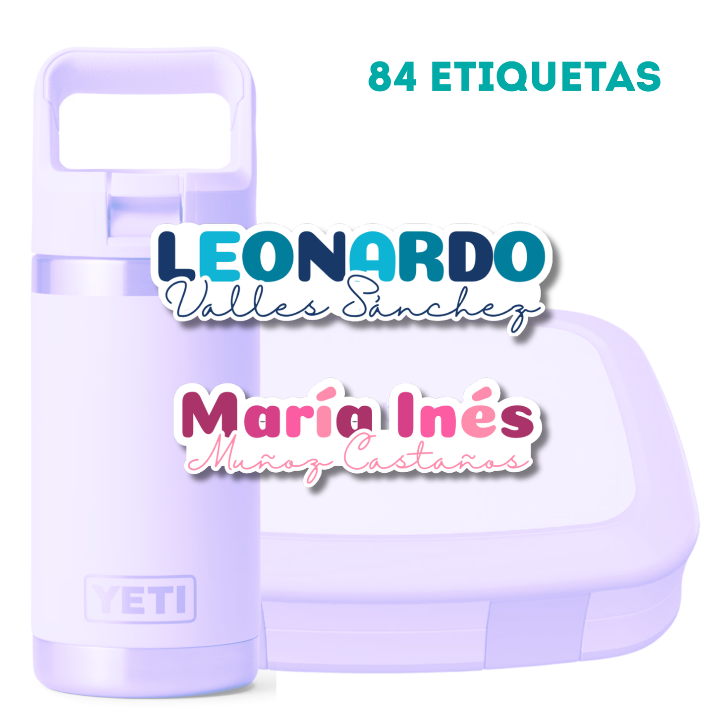 Silueta Nombre y Apellido, Etiquetas Lavables, Resistentes al Agua, Personalizadas para Tuppers y Termos