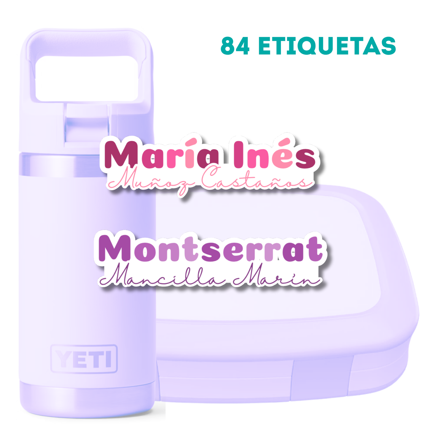 Silueta Nombre y Apellido, Etiquetas Lavables, Resistentes al Agua, Personalizadas para Tuppers y Termos