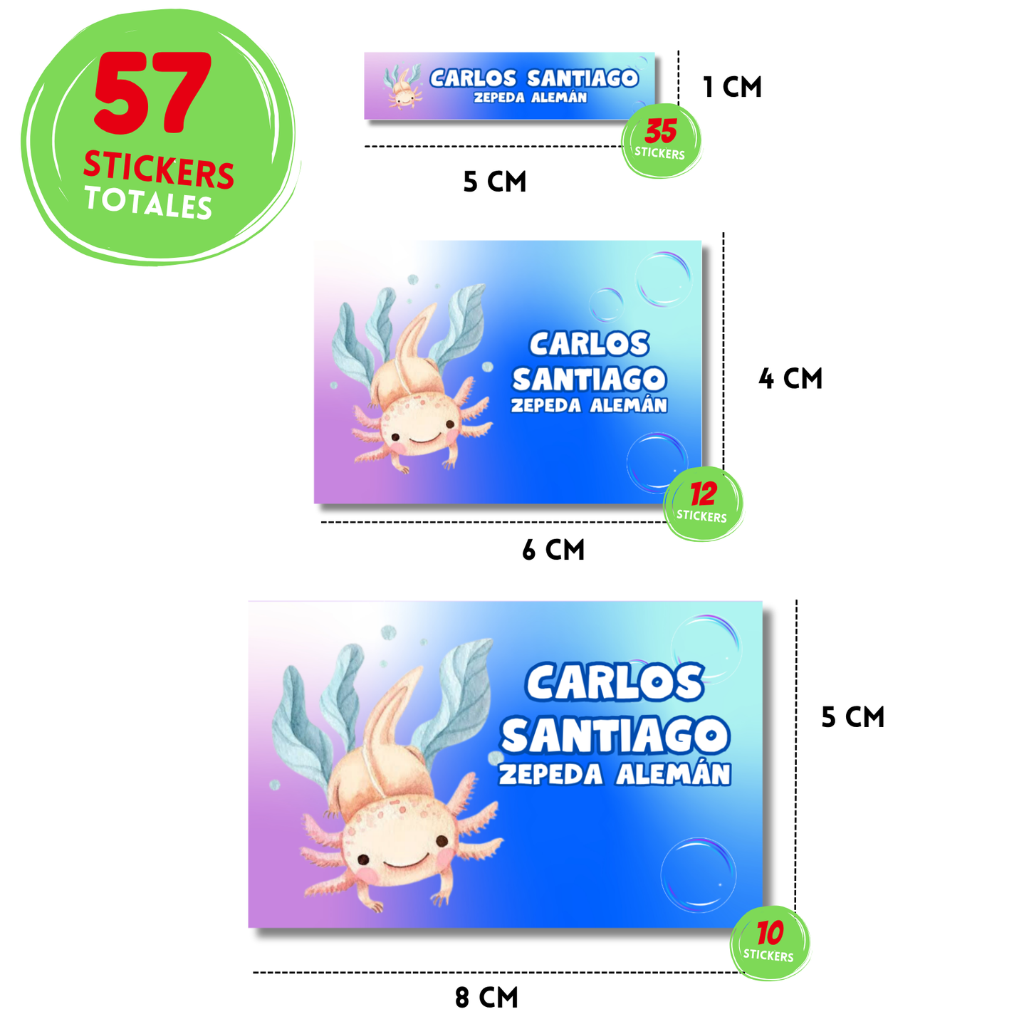 Ajolote nadando con burbujas stickers adhesivas personalizadas para libros, libretas, cuadernos