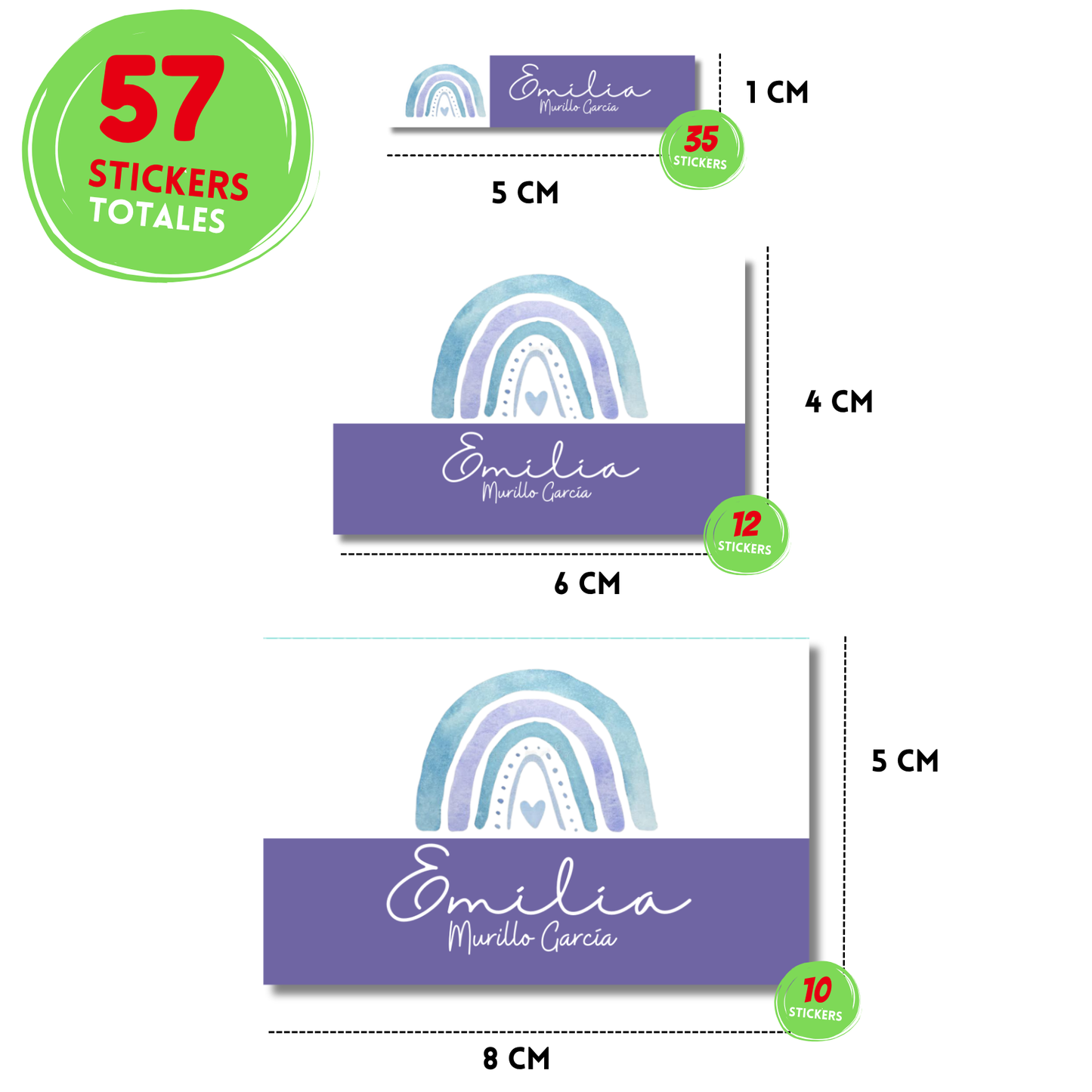Arcoíris morado stickers adhesivas personalizadas para libros, libretas, cuadernos