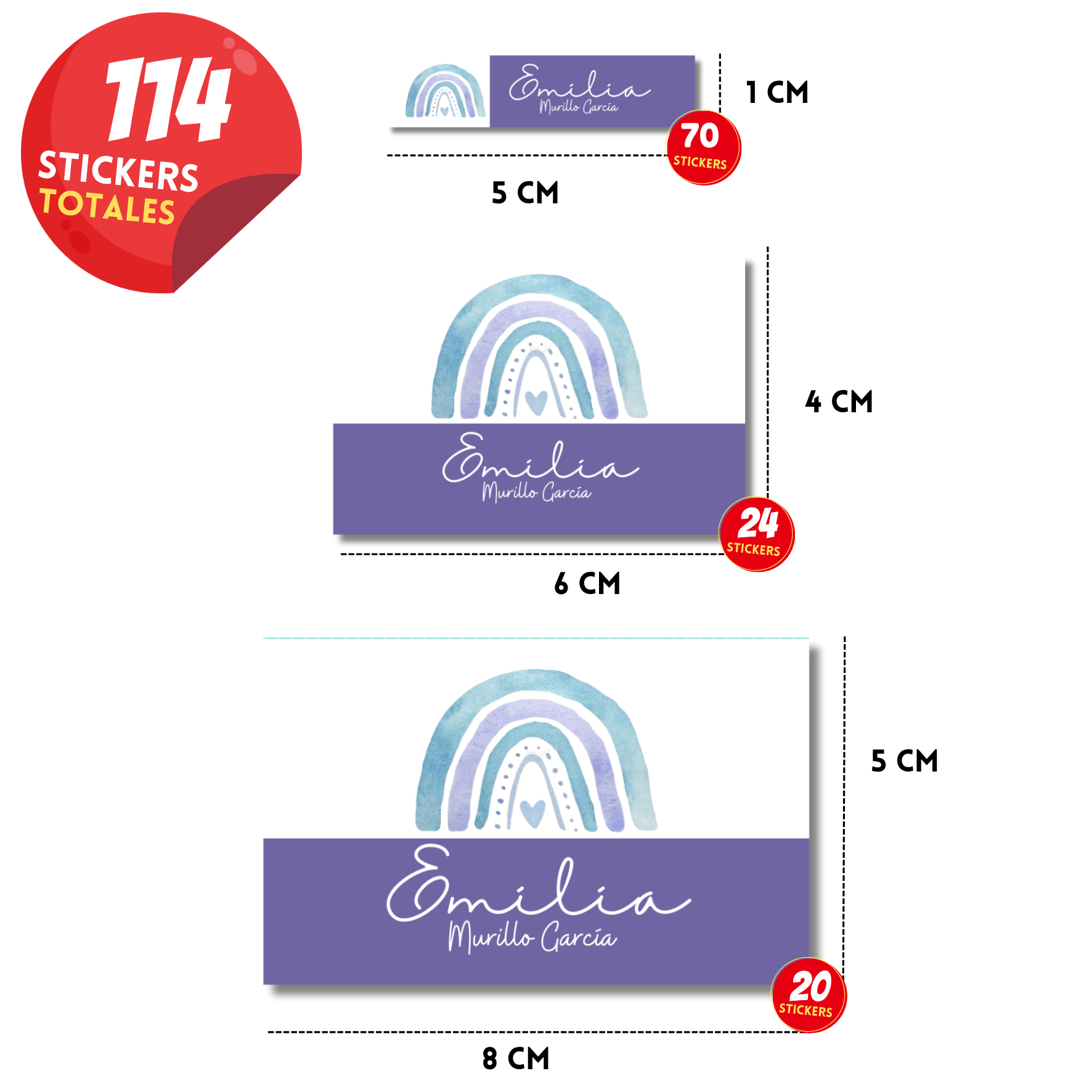 Arcoíris morado etiquetas adhesivas personalizadas diferentes medidas
