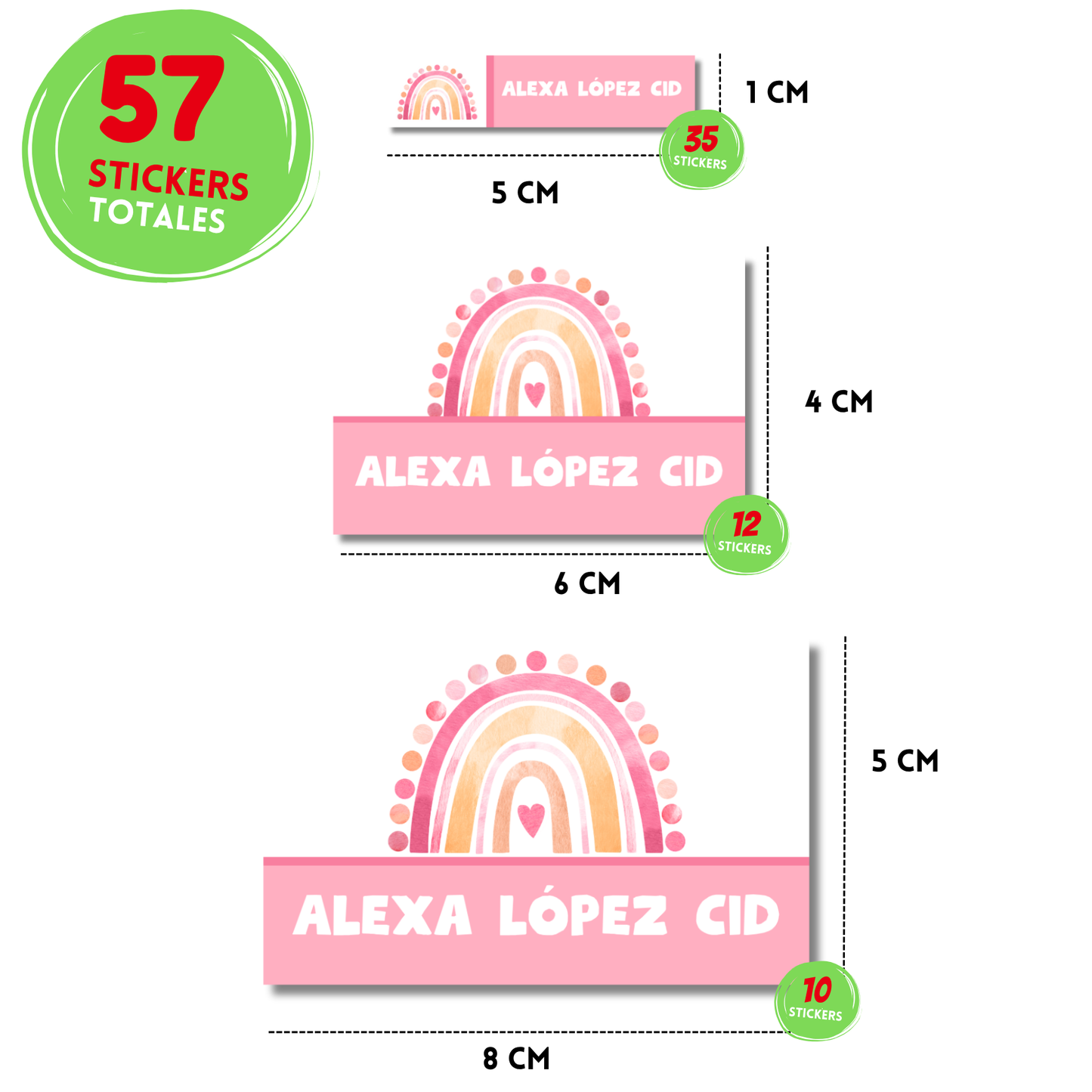 Arcoíris rosa stickers adhesivas personalizadas para libros, libretas, cuadernos