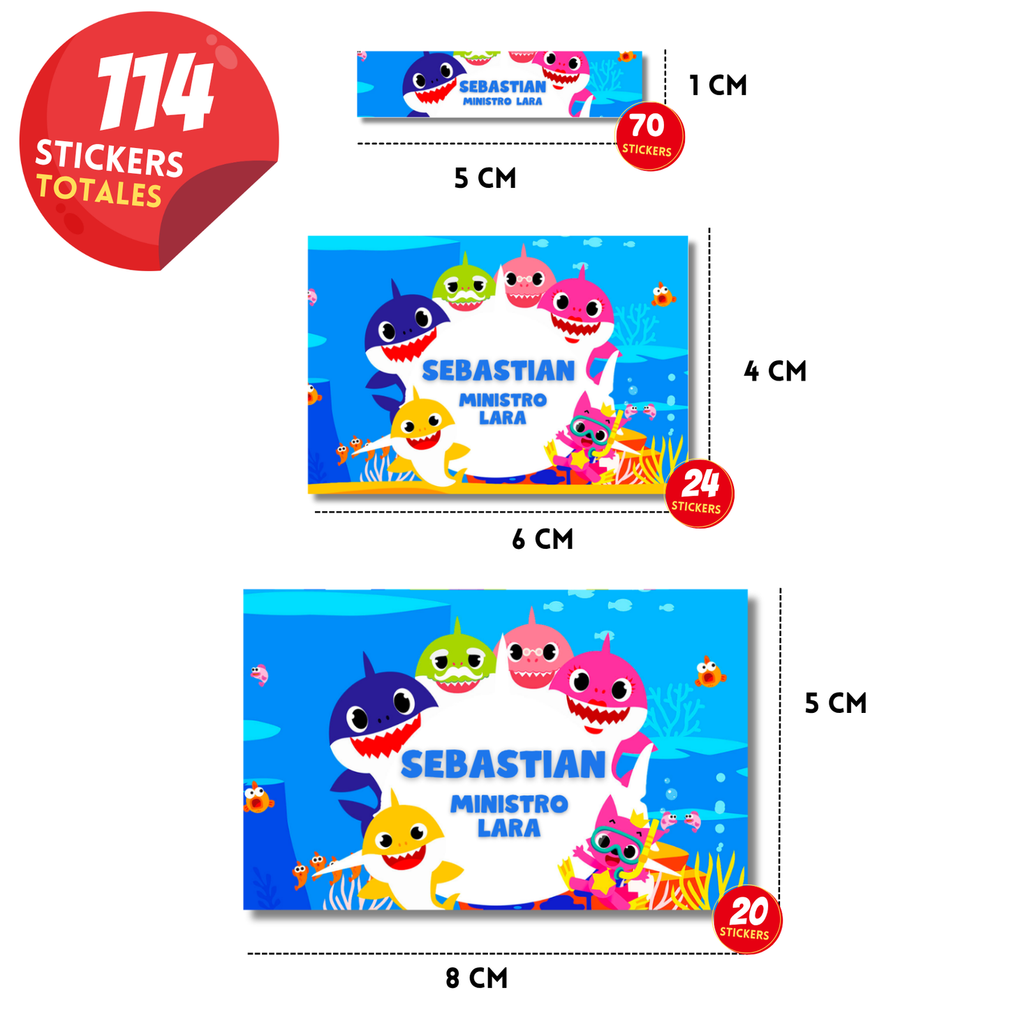 Baby Shark nadando etiquetas adhesivas personalizadas diferentes medidas