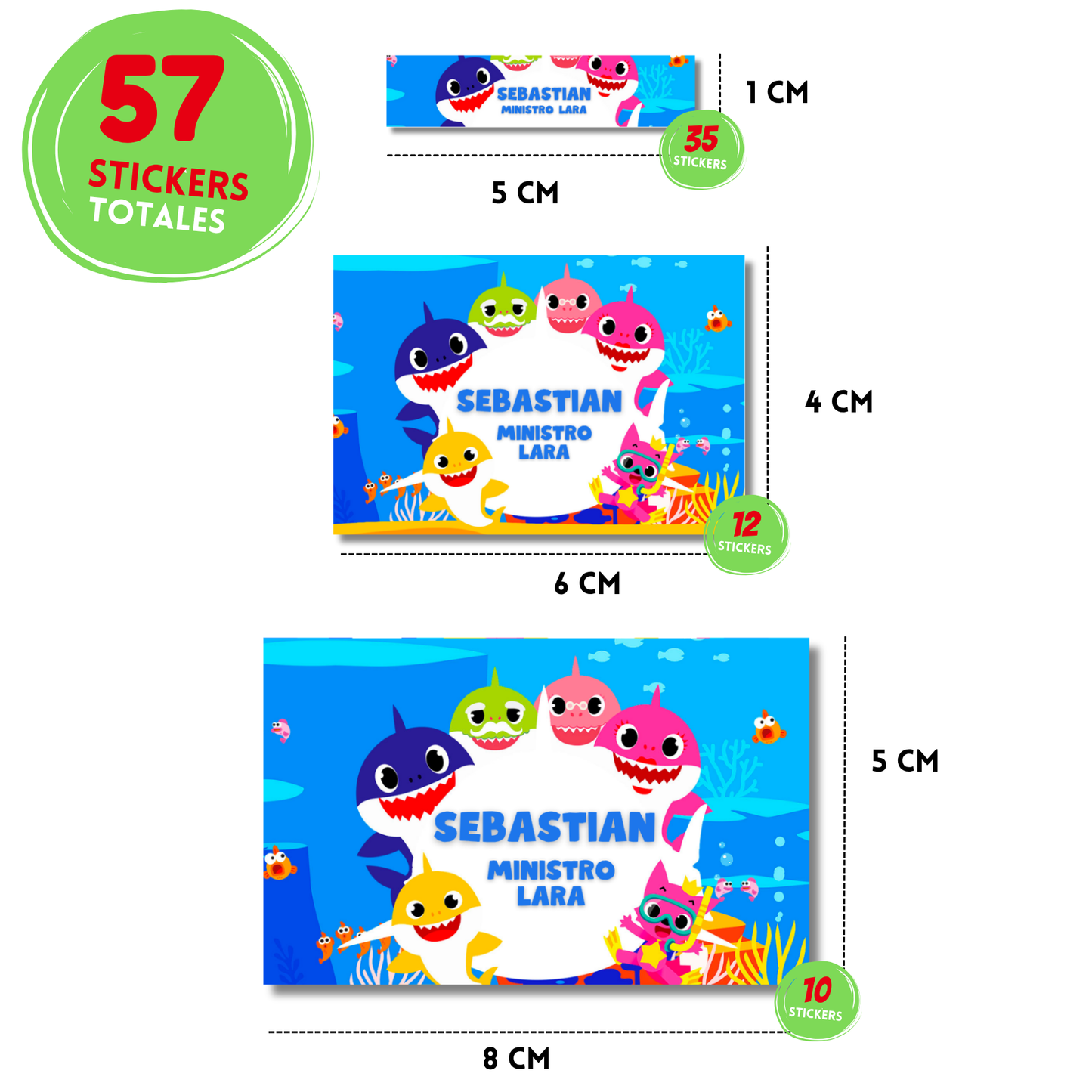 Baby Shark nadando stickers adhesivas personalizadas para libros, libretas, cuadernos