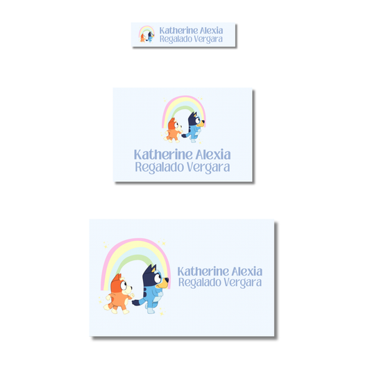 Bluey y bingo arcoíris Etiquetas Escolares Personalizadas Libretas, Libros y Lápices