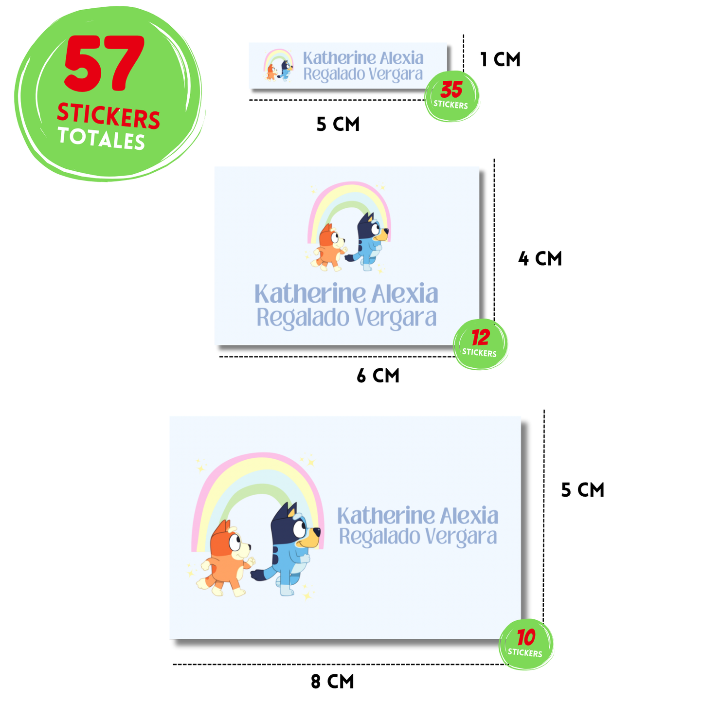 Bluey y bingo arcoíris Etiquetas Escolares Personalizadas Libretas, Libros y Lápices