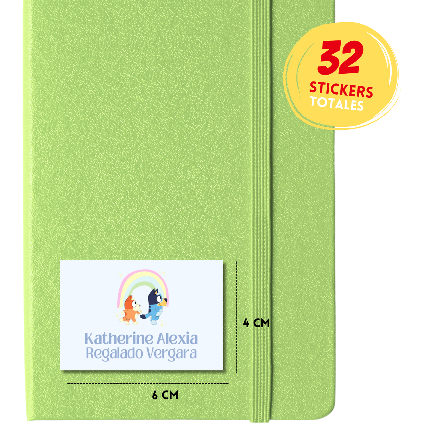 Bluey y bingo arcoíris Etiquetas Escolares Personalizadas Libretas, Libros y Lápices