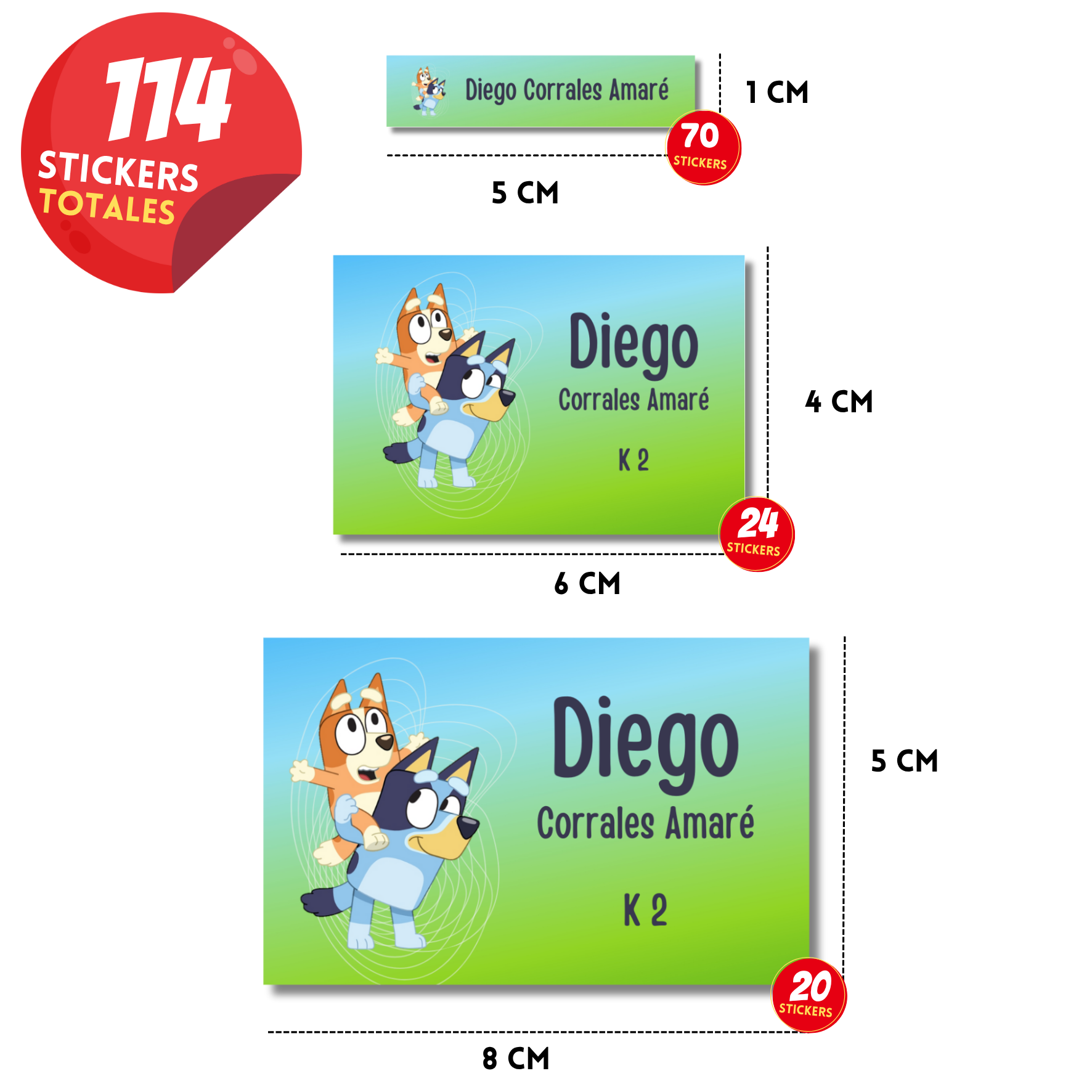 Bluey y Bingo etiquetas adhesivas personalizadas diferentes medidas