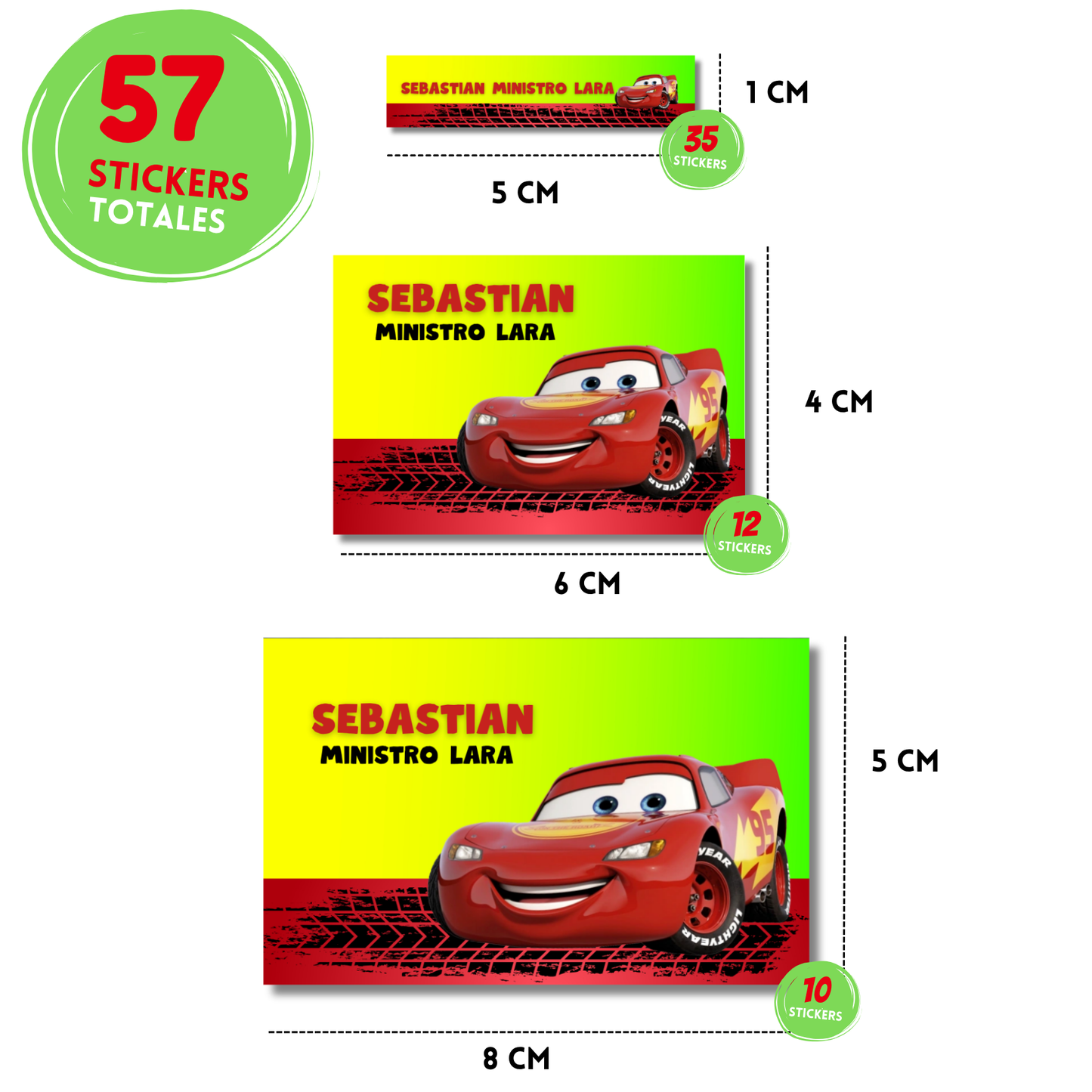 Cars Rayo McQueen fondo verde stickers adhesivas personalizadas para libros, libretas, cuadernos