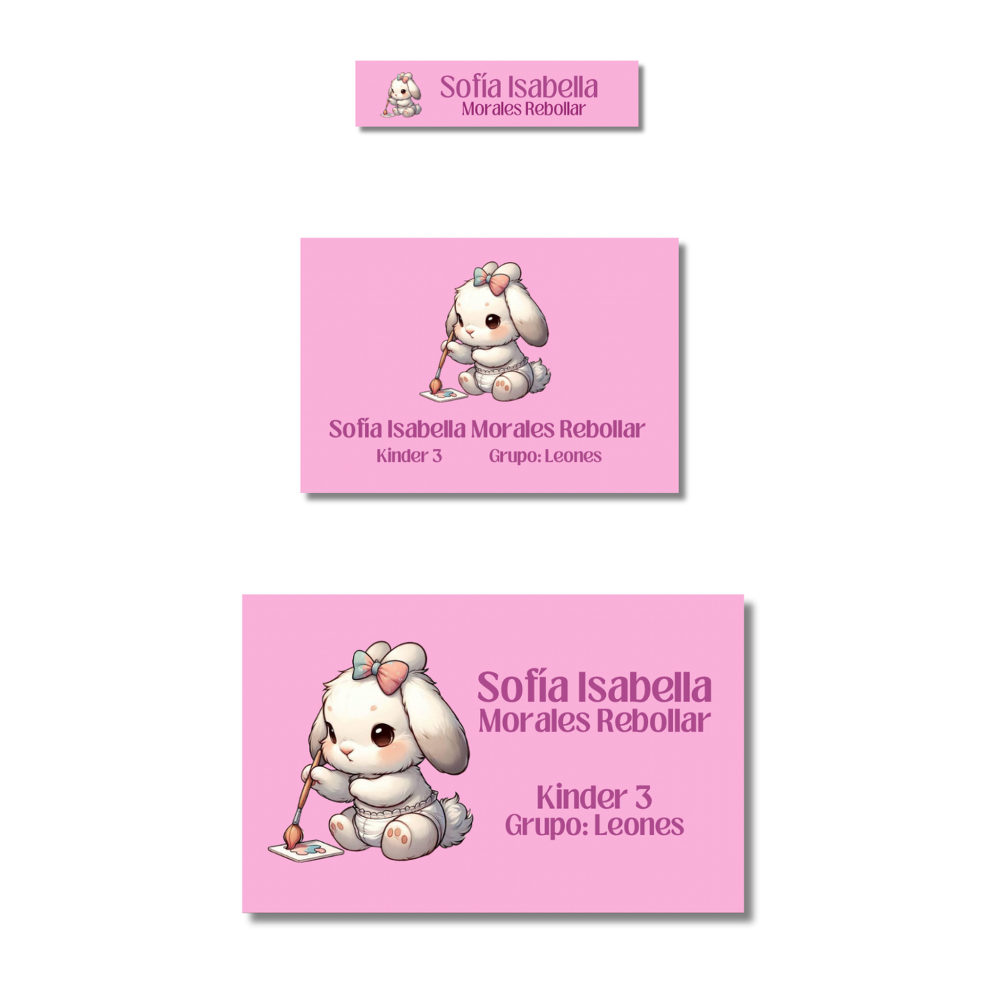 Conejita Pintando fondo rosa fuerte Etiquetas Escolares Personalizadas Libretas, Libros y Lápices