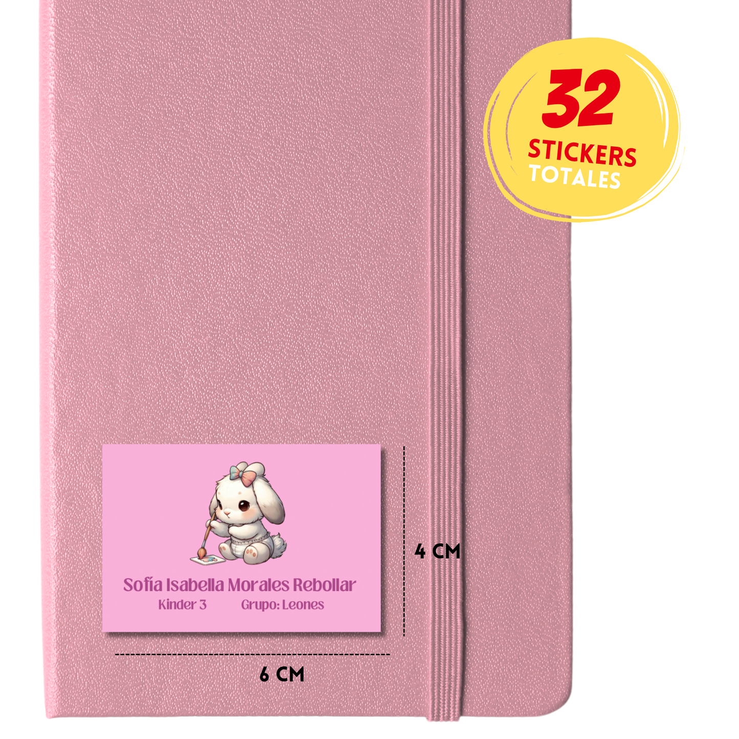 Conejita Pintando fondo rosa fuerte Etiquetas Escolares Personalizadas Libretas, Libros y Lápices