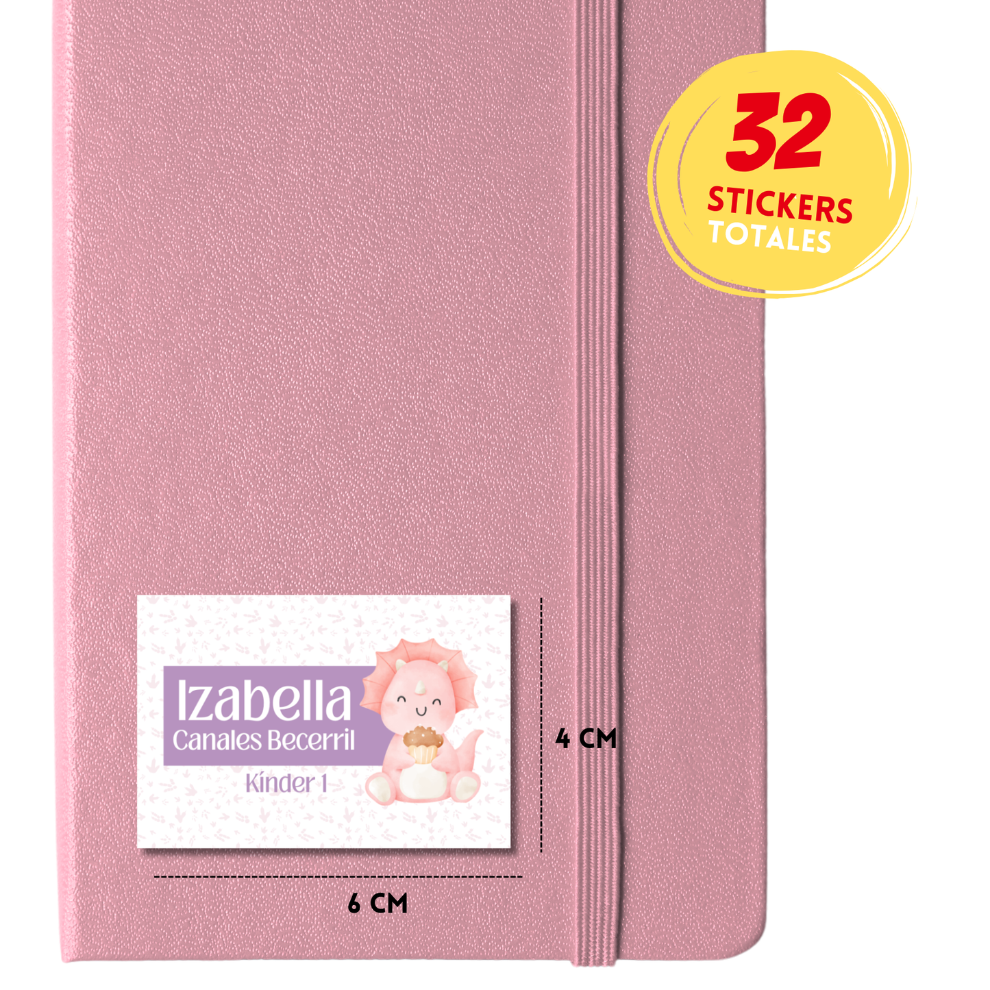 dinosaurio Rosa Triceratop, Etiquetas Escolares Personalizadas Libretas, Libros y Lápices