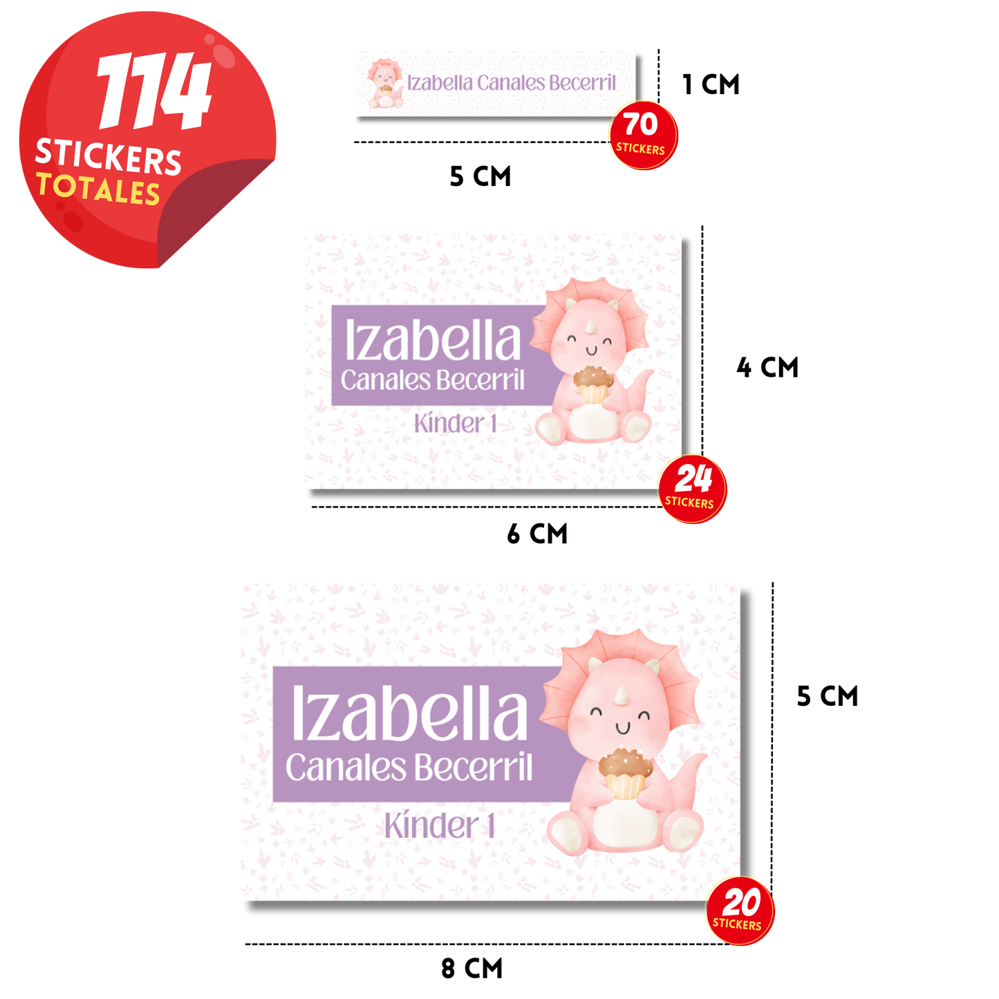 dinosaurio Rosa Triceratop, Etiquetas Escolares Personalizadas Libretas, Libros y Lápices