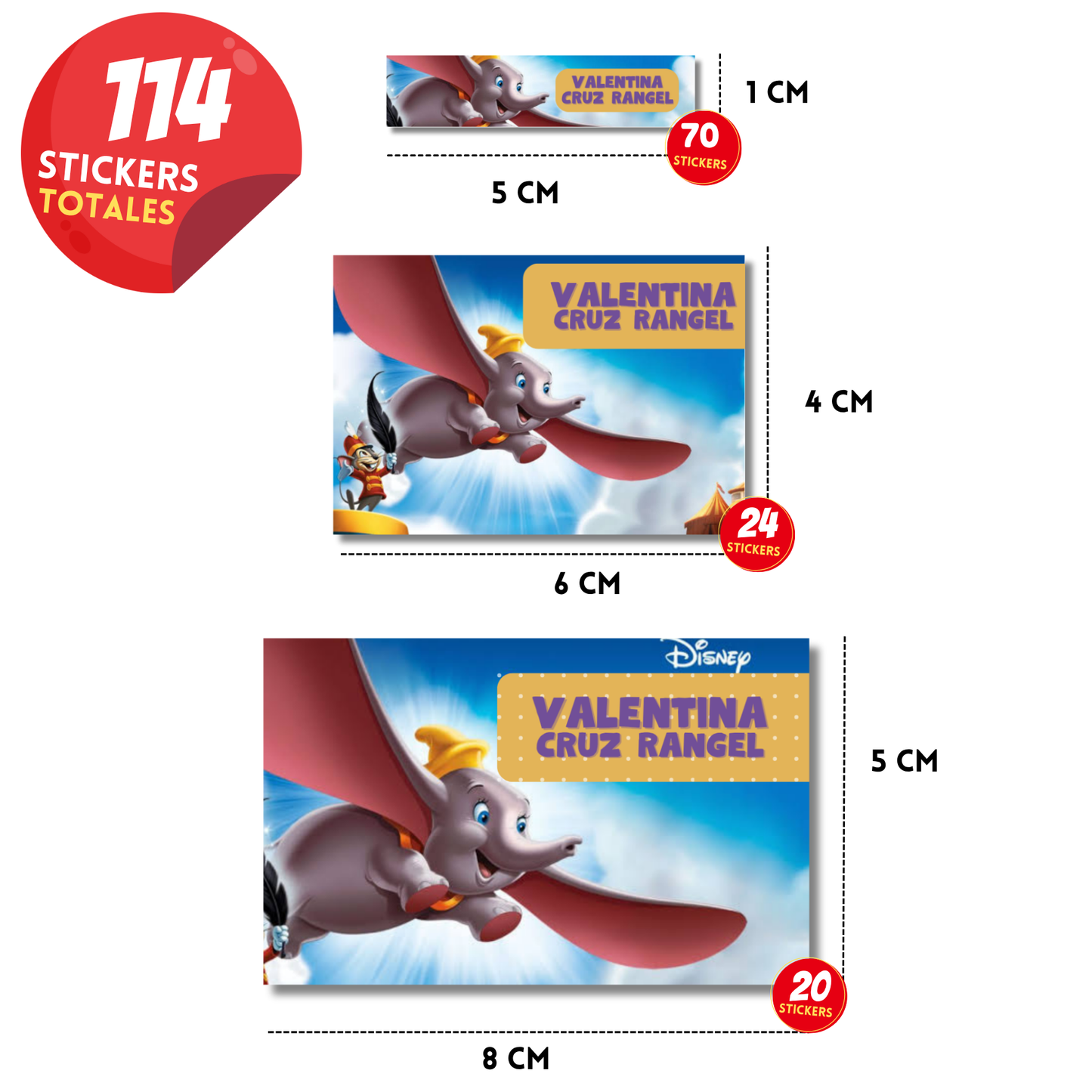 Dumbo Volando Etiquetas Escolares Personalizadas Libretas, Libros y Lápices