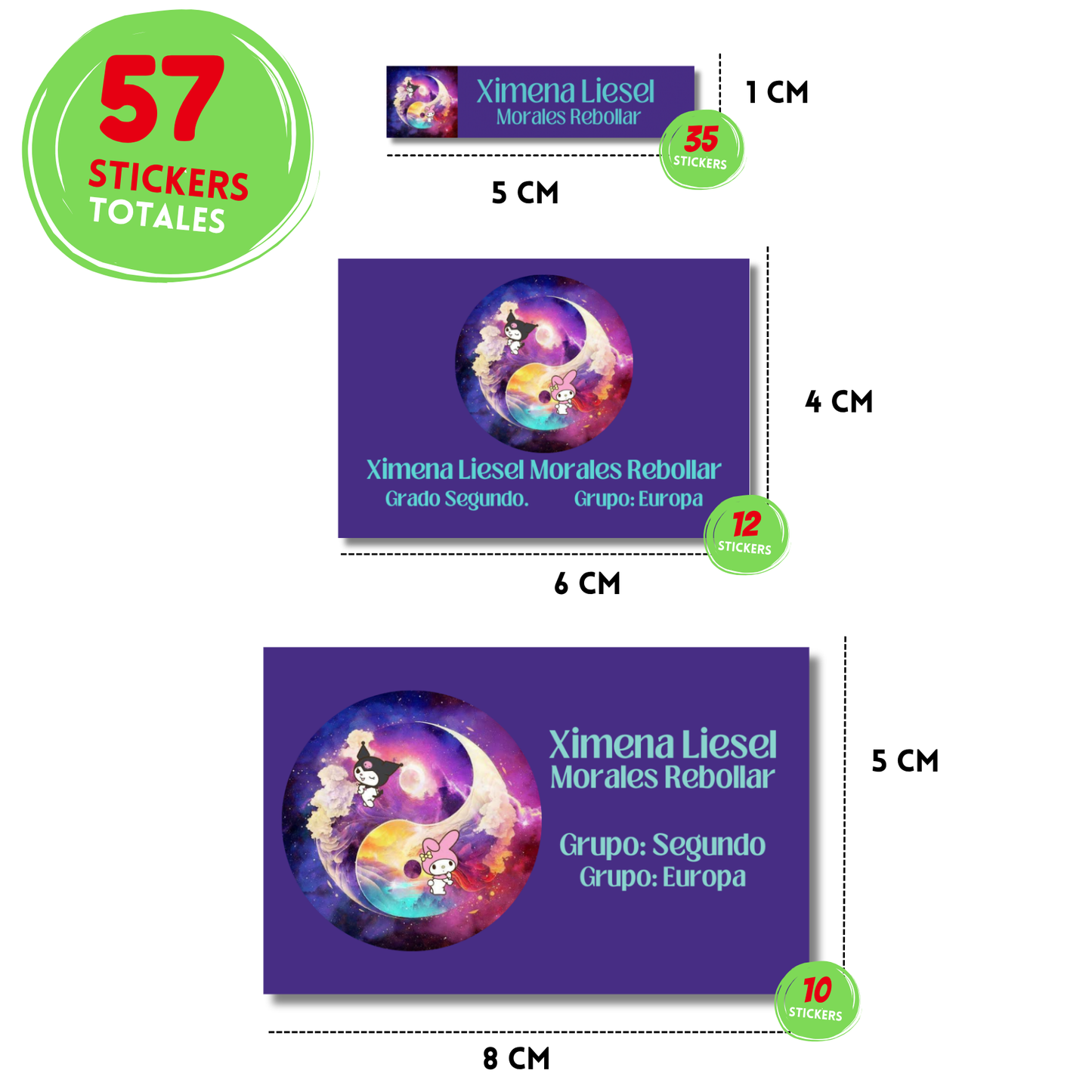 Kuromi y Melody, Ying Yang Etiquetas Escolares Personalizadas Libretas, Libros y Lápices