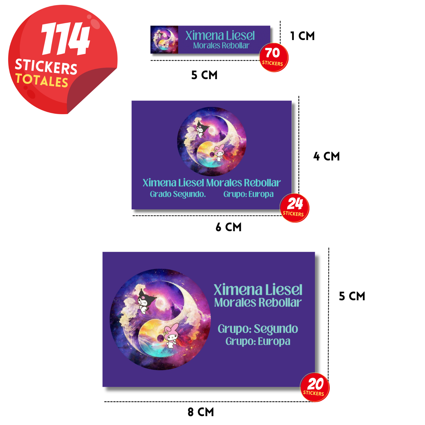 Kuromi y Melody, Ying Yang Etiquetas Escolares Personalizadas Libretas, Libros y Lápices