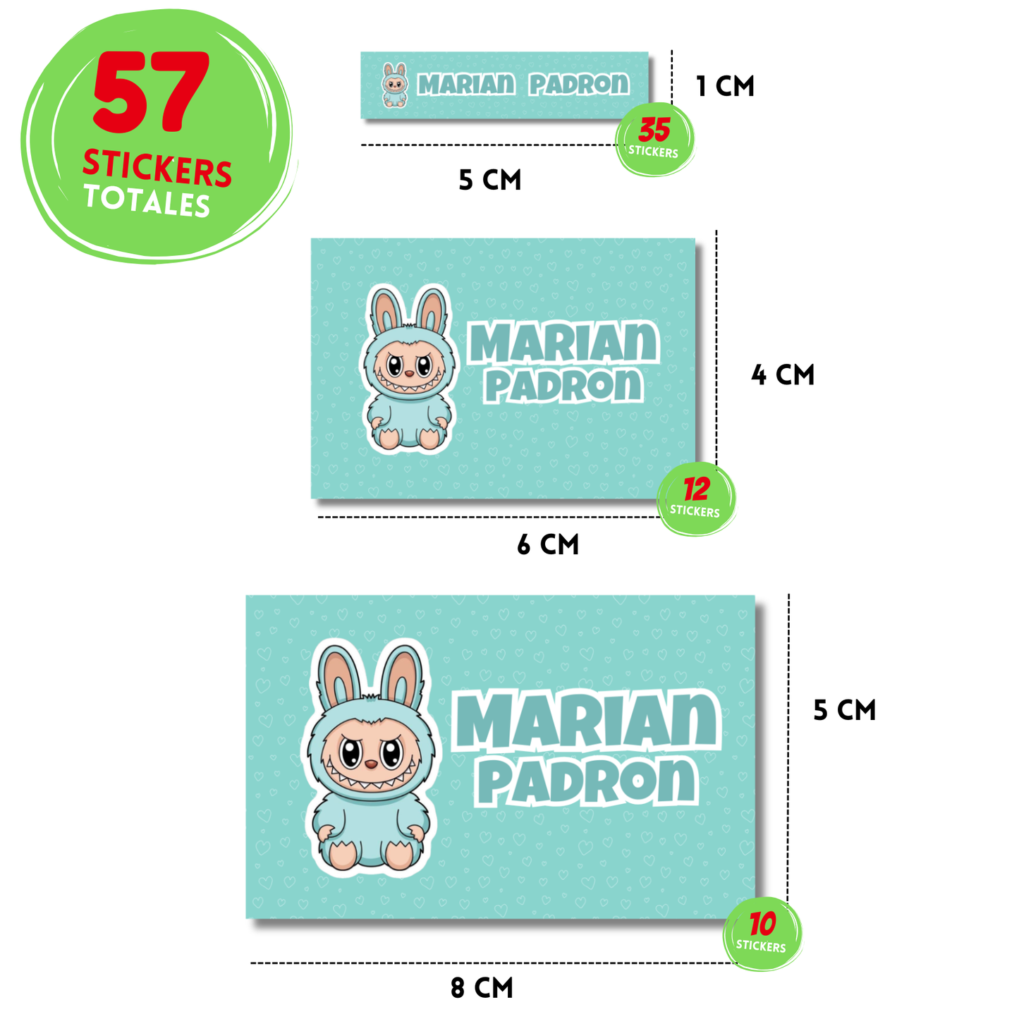 Labubu Verde, Etiquetas Escolares Personalizadas Libretas, Libros y Lápices