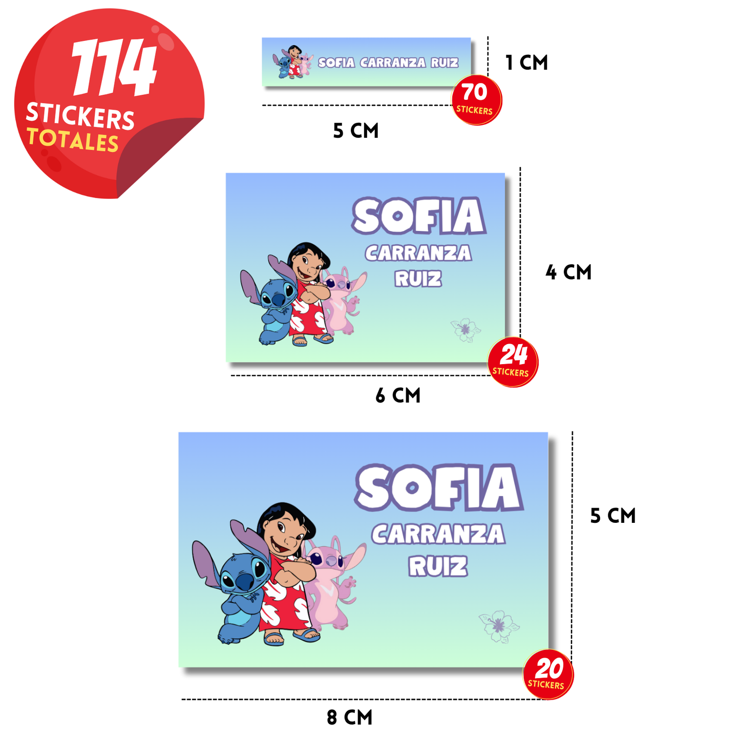 Lilo, Stitch y Angel Etiquetas Escolares Personalizadas Libretas, Libros y Lápices