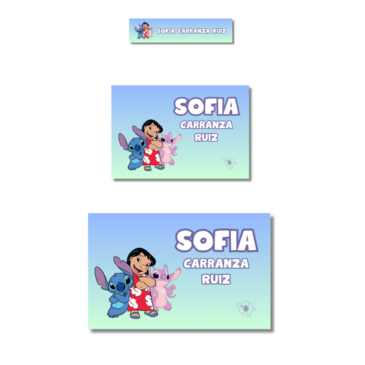 Lilo, Stitch y Angel Etiquetas Escolares Personalizadas Libretas, Libros y Lápices