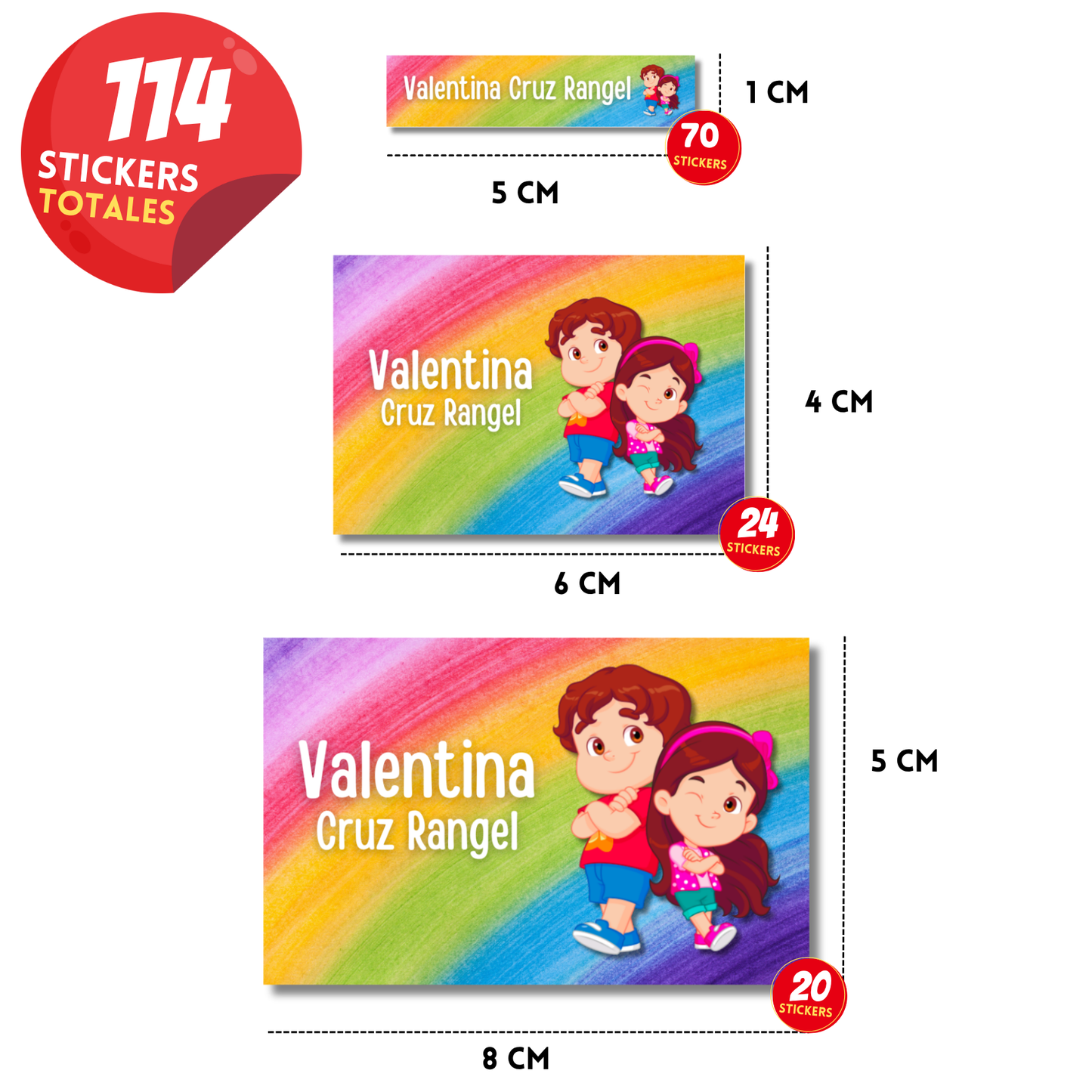 María Clara & JP Arcoíris Etiquetas Escolares Personalizadas Libretas, Libros y Lápices