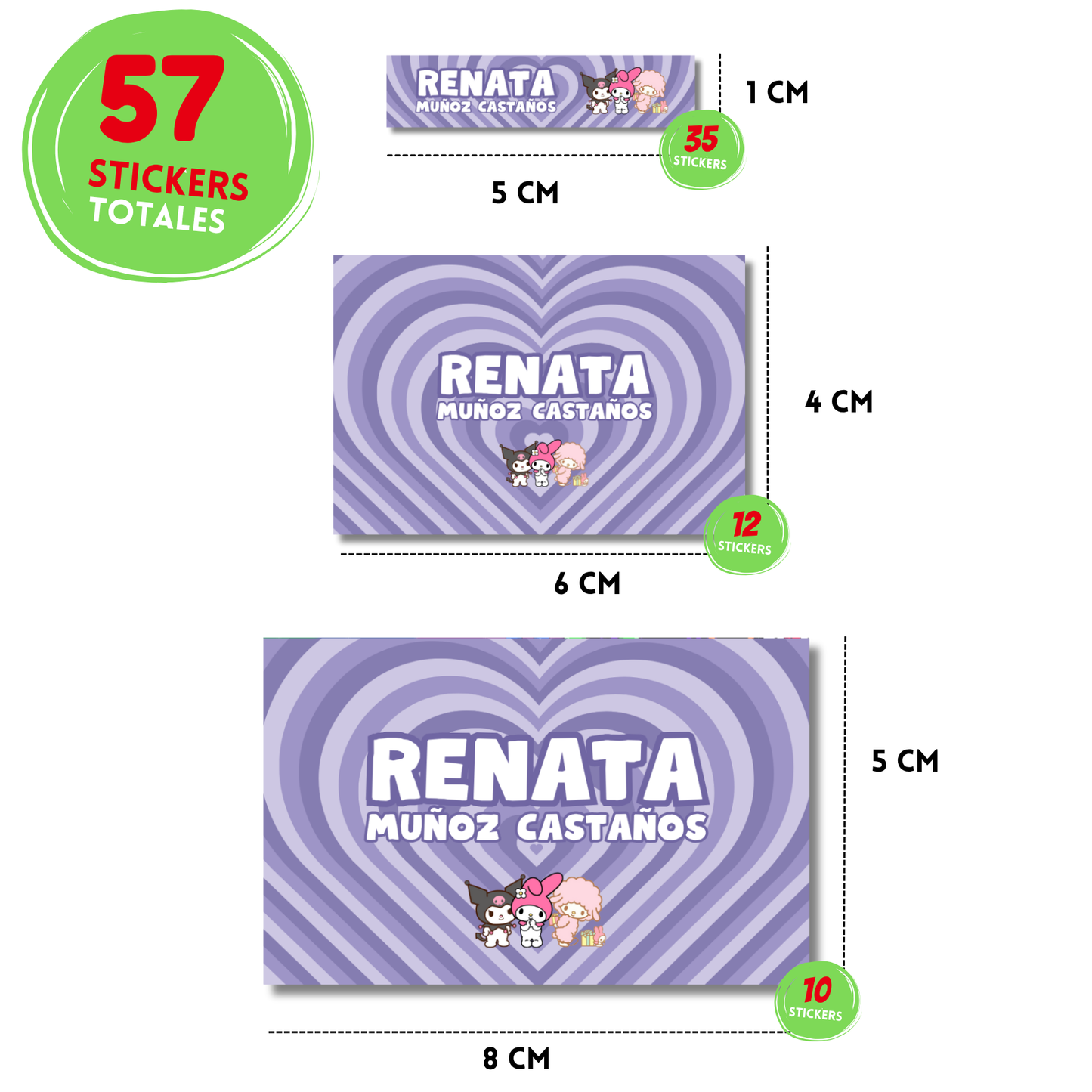 My Melody, Kuromi y Sheepy Etiquetas Escolares Personalizadas Libretas, Libros y Lápices