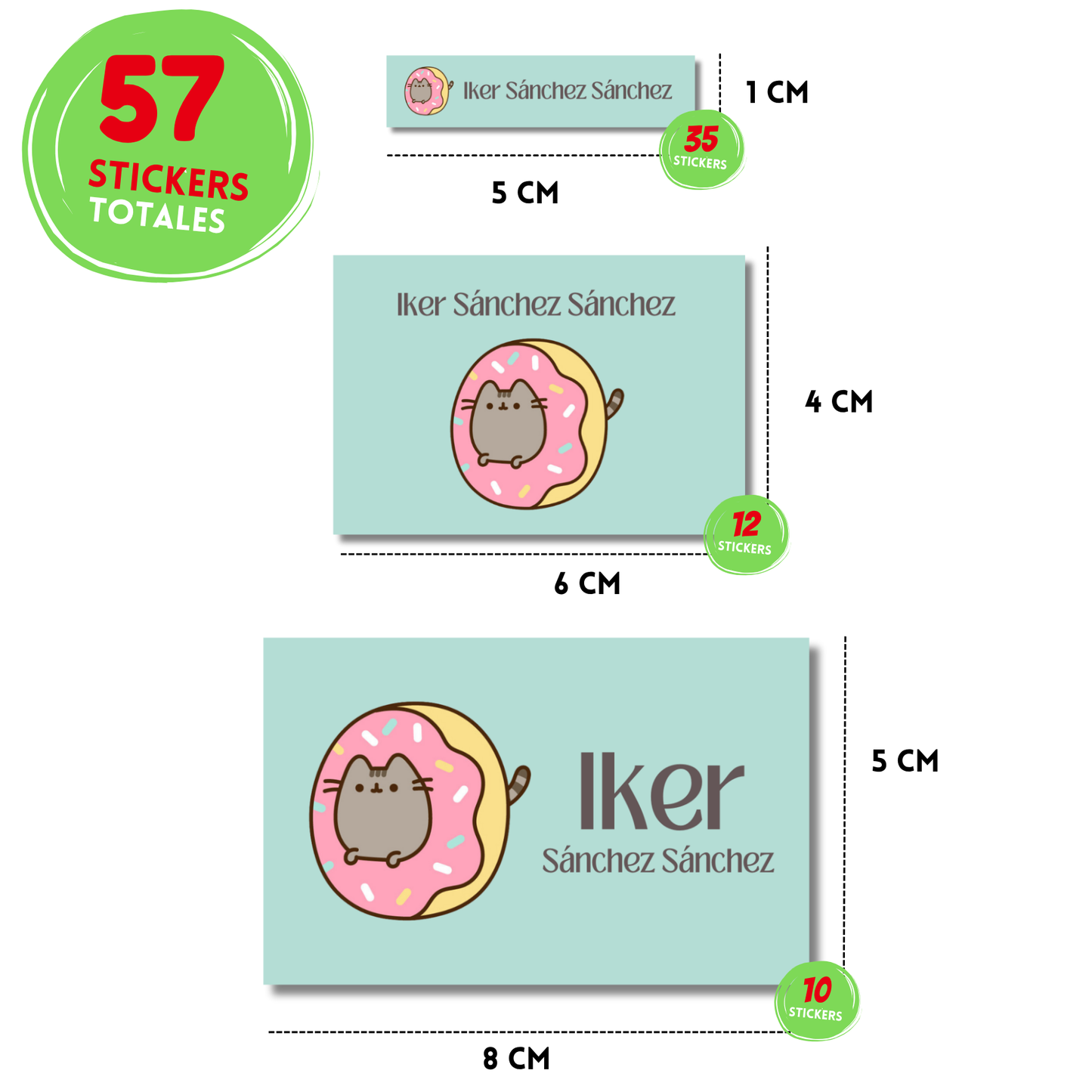 Pusheen con dona Etiquetas Escolares Personalizadas Libretas, Libros y Lápices