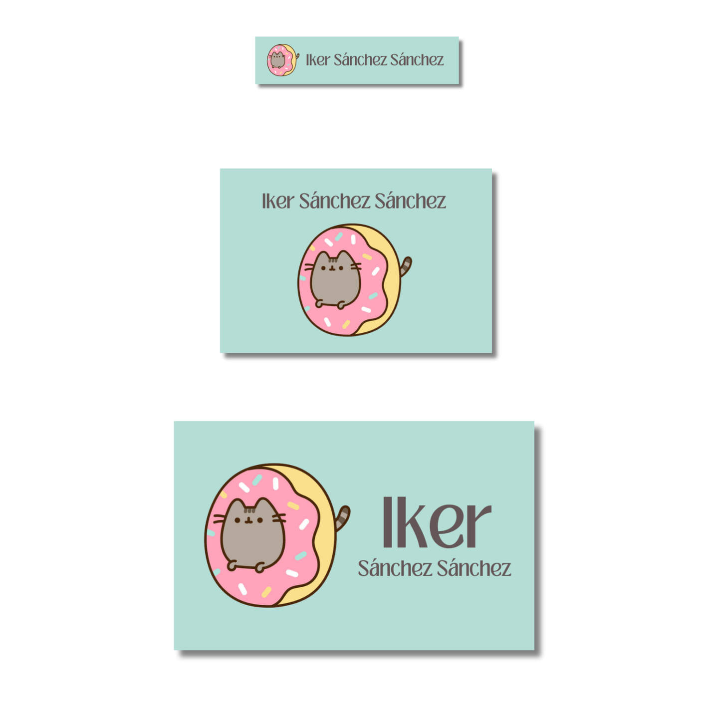 Pusheen con dona Etiquetas Escolares Personalizadas Libretas, Libros y Lápices