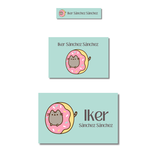 Pusheen con dona Etiquetas Escolares Personalizadas Libretas, Libros y Lápices