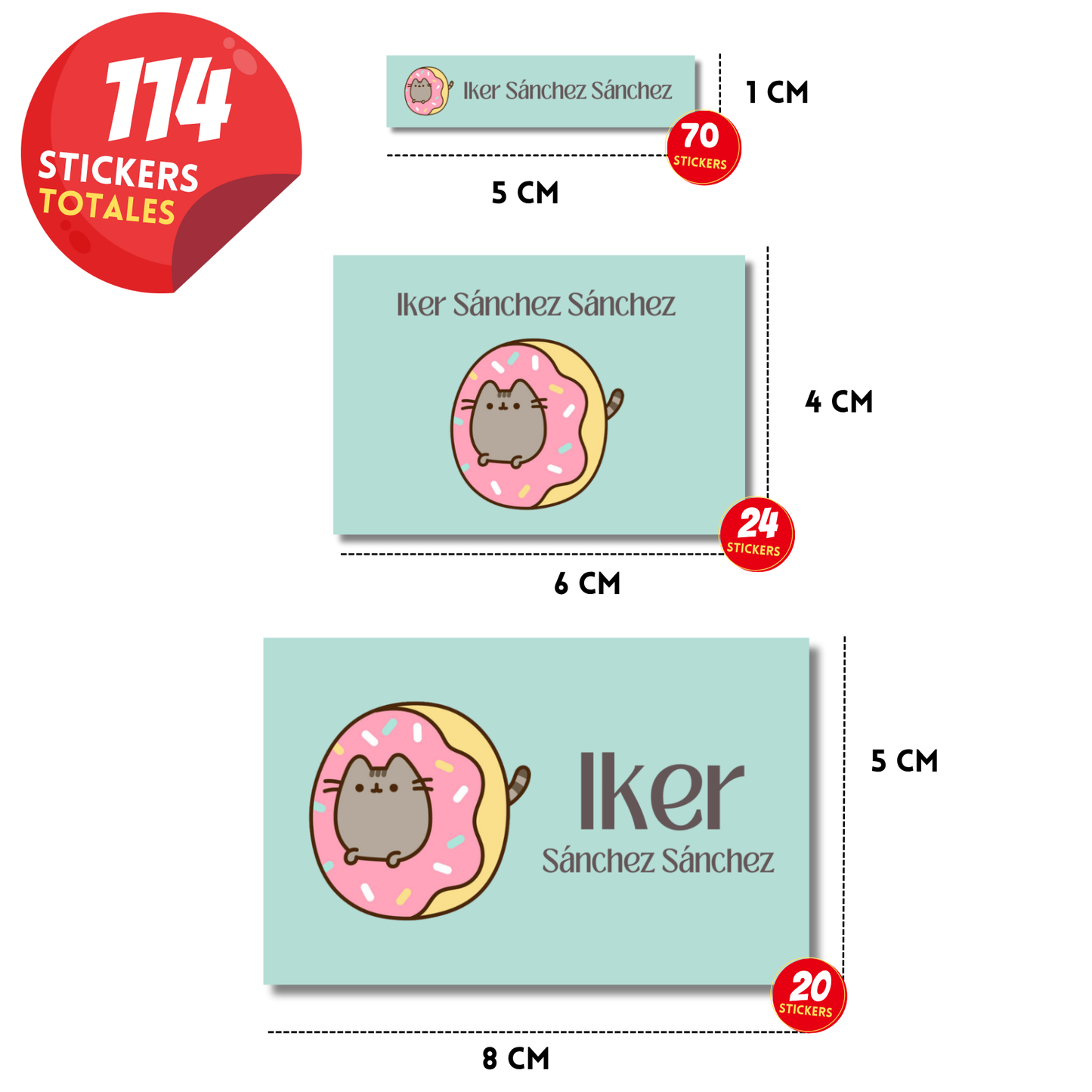 Pusheen con dona Etiquetas Escolares Personalizadas Libretas, Libros y Lápices