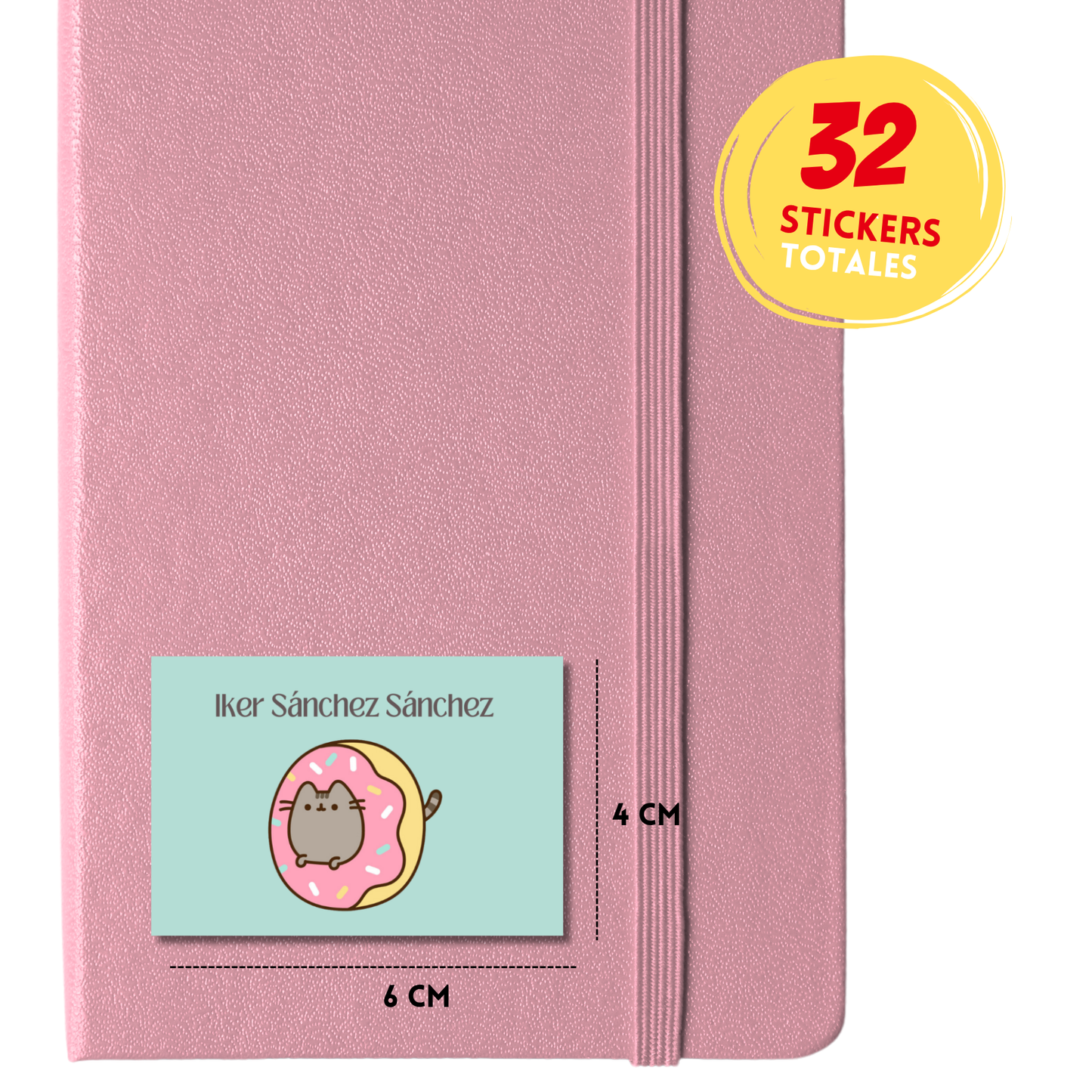 Pusheen con dona Etiquetas Escolares Personalizadas Libretas, Libros y Lápices