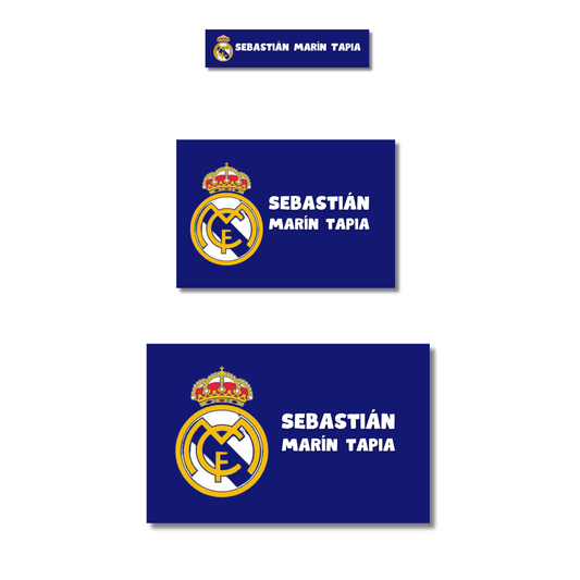 Logo dorado Real Madrid fondo azul rey  Etiquetas Escolares Personalizadas Libretas, Libros y Lápices
