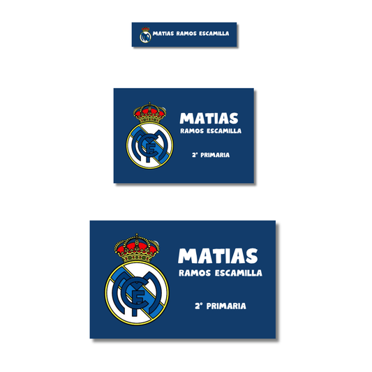 Logo Real Madrid fondo Azúl Naval  Etiquetas Escolares Personalizadas Libretas, Libros y Lápices