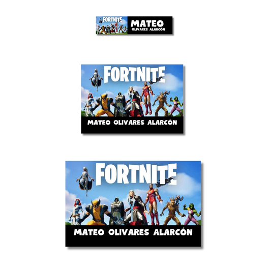 Súperheroes y villanos fortnite Etiquetas Escolares Personalizadas Libretas, Libros y Lápices