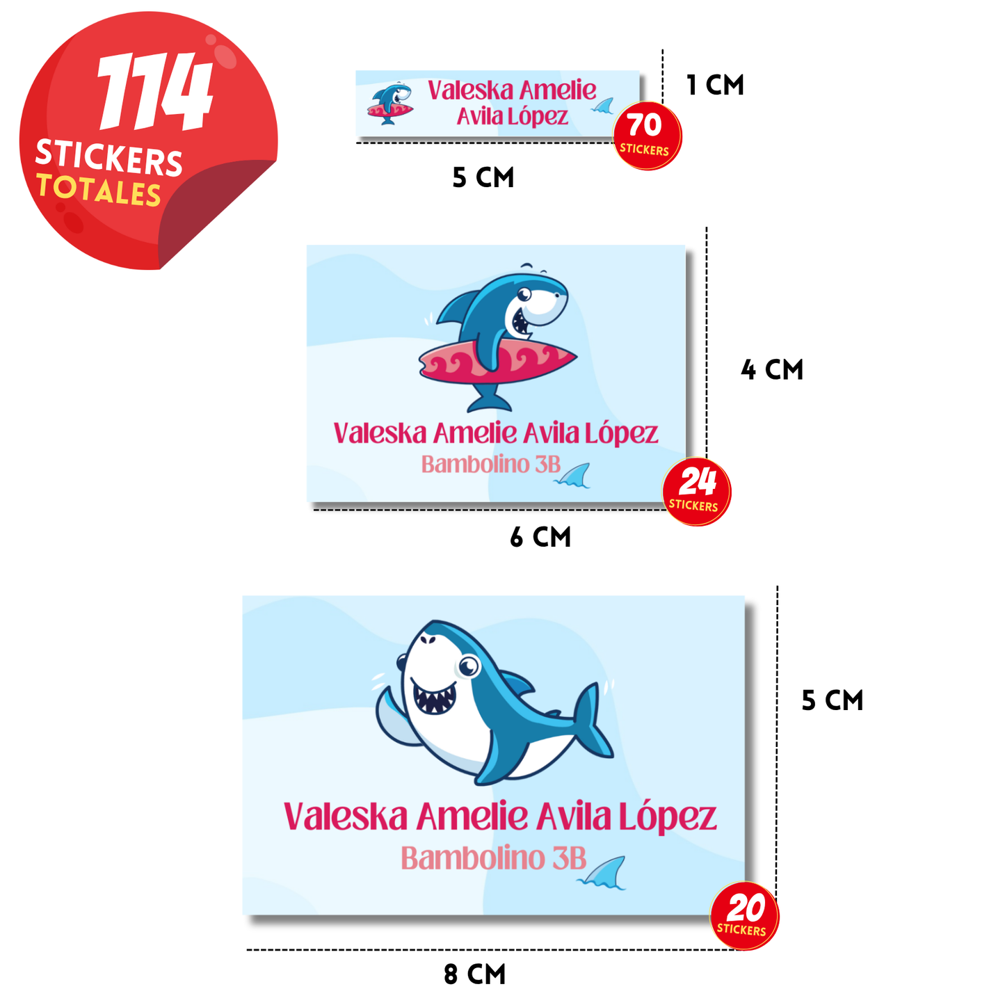 Tiburón bebé rosa Etiquetas Escolares Personalizadas Libretas, Libros y Lápices